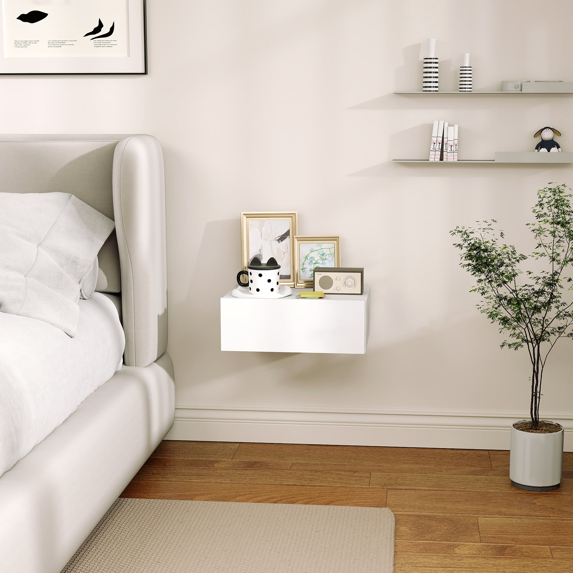 Suspended Bedside Table with Drawer, Bedroom Bedside Table in Chipboard, Modern Style, 40x30x15 cm, White
