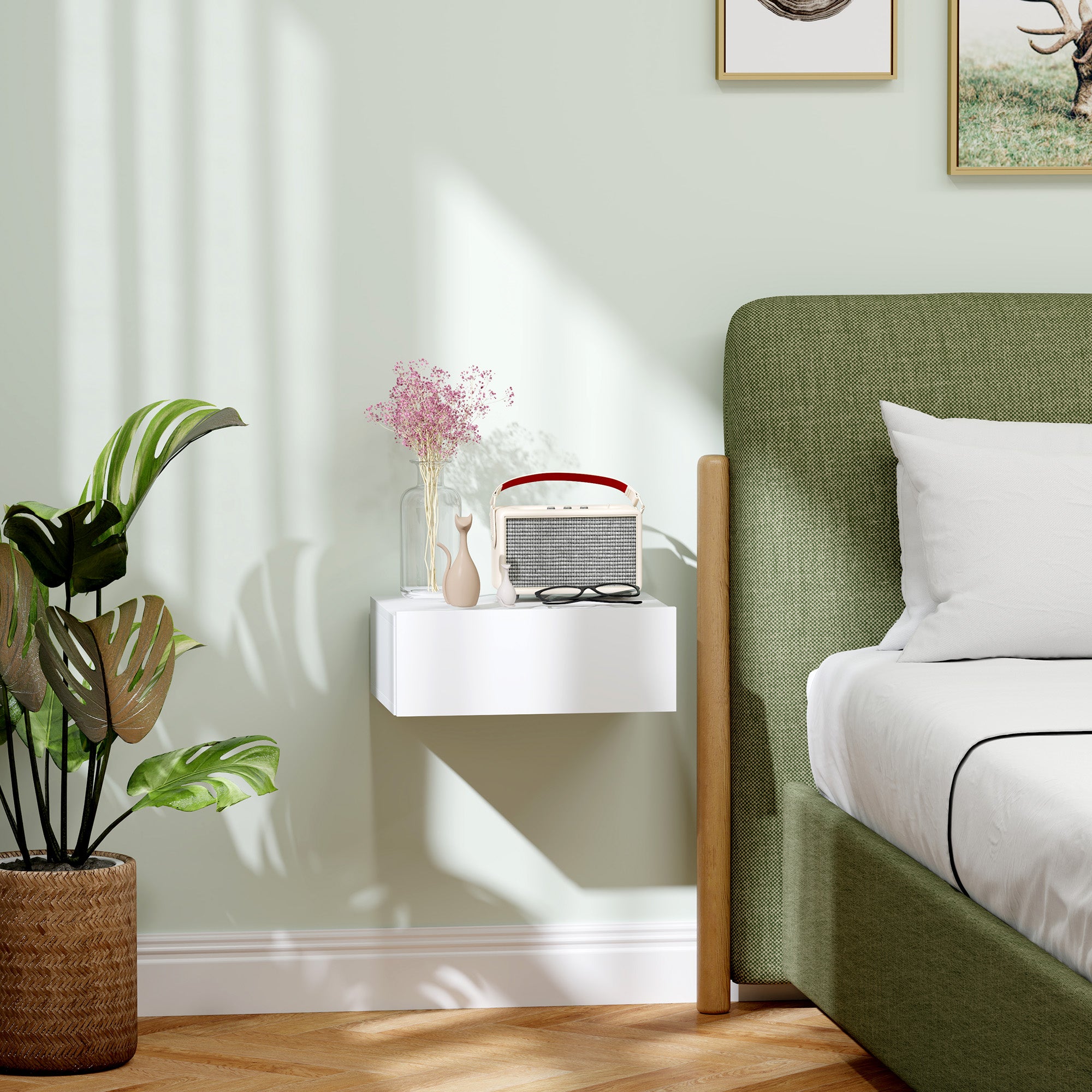 Suspended Bedside Table with Drawer, Bedroom Bedside Table in Chipboard, Modern Style, 40x30x15 cm, White