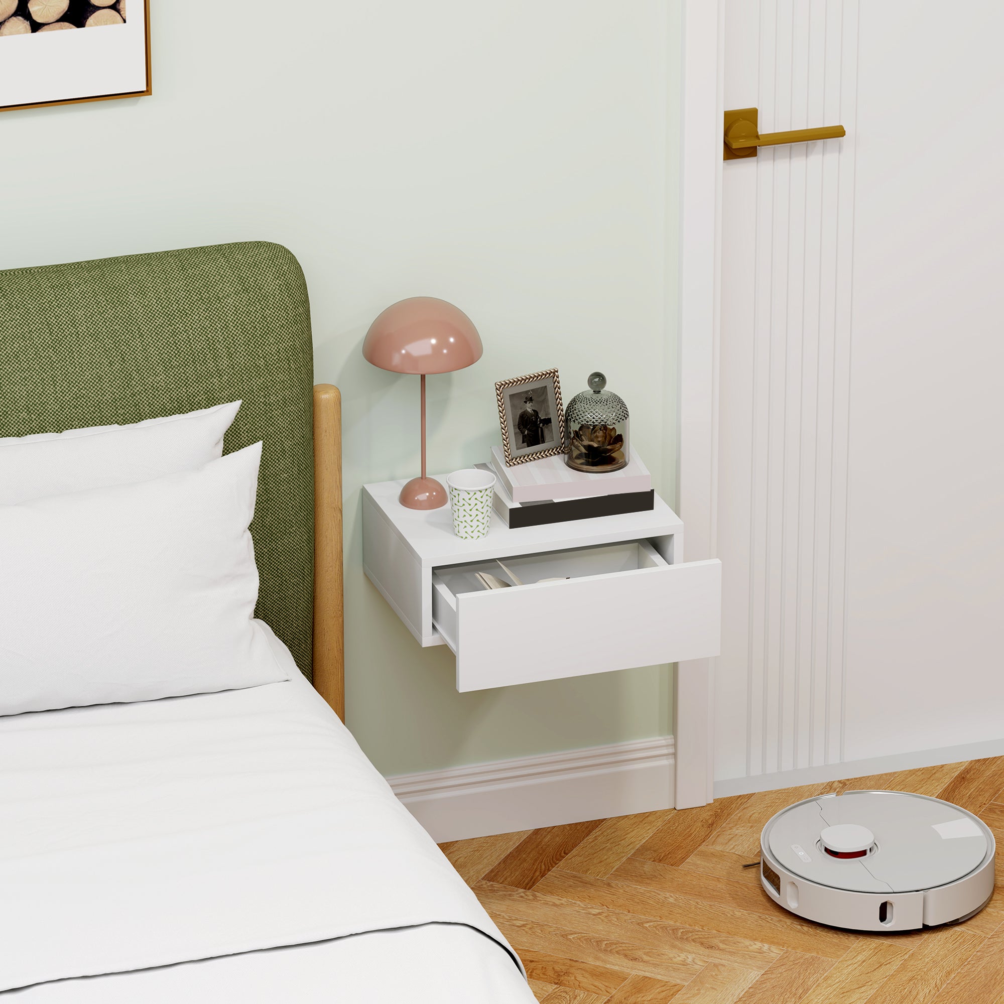 Suspended Bedside Table with Drawer, Bedroom Bedside Table in Chipboard, Modern Style, 40x30x15 cm, White