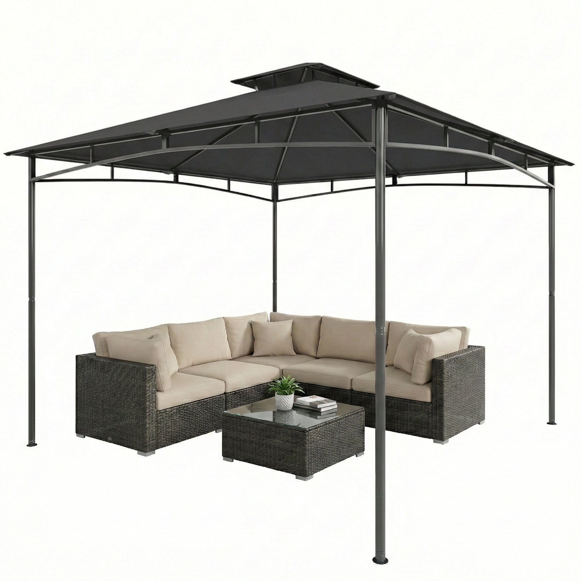 3 x 3 m Waterproof Garden Gazebo — Double Roof, Retractable Top Frame, UPF 50+, Powder-Coated Metal, Dark Gray