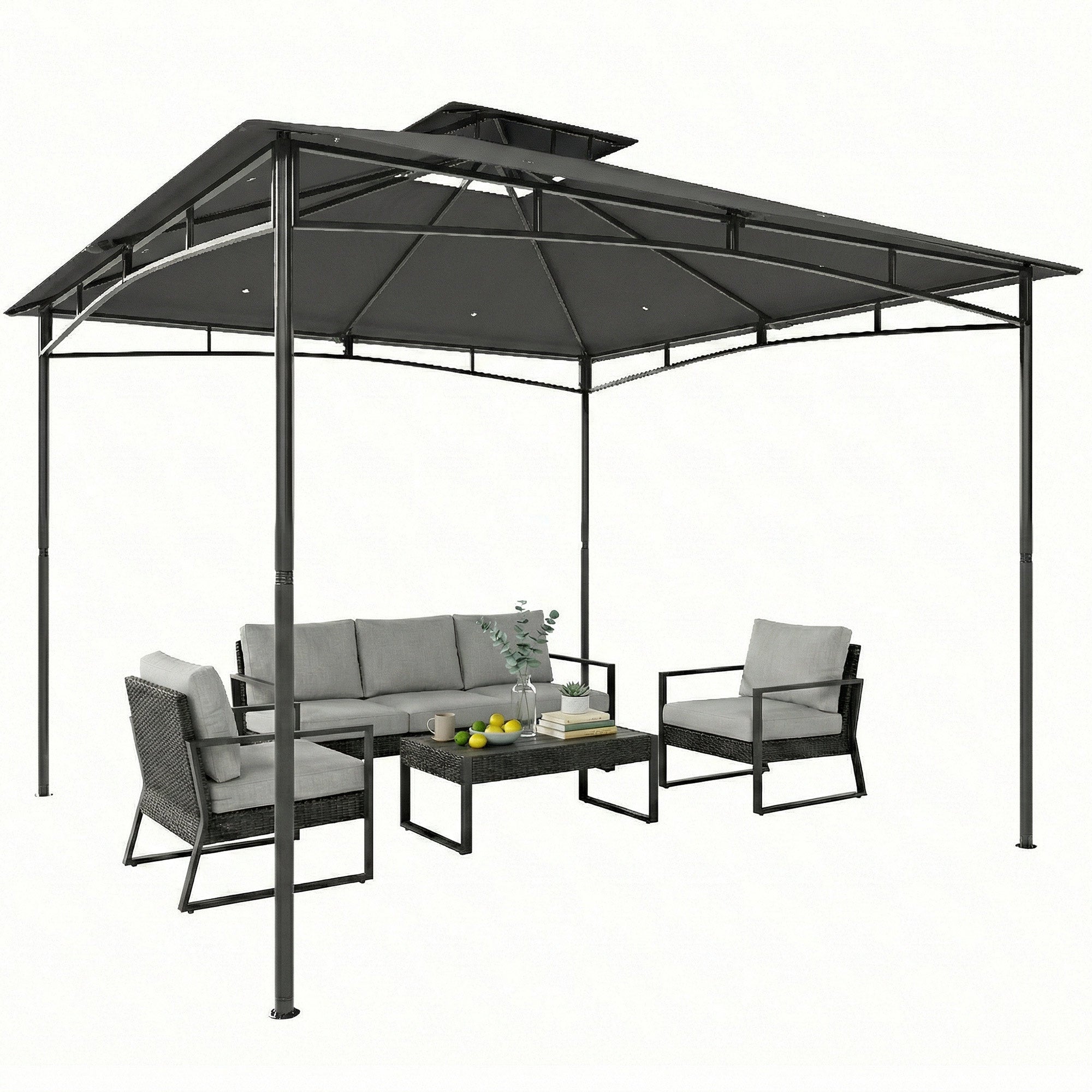 3 x 3 m Waterproof Garden Gazebo — Double Roof, Retractable Top Frame, UPF 50+, Powder-Coated Metal, Dark Gray