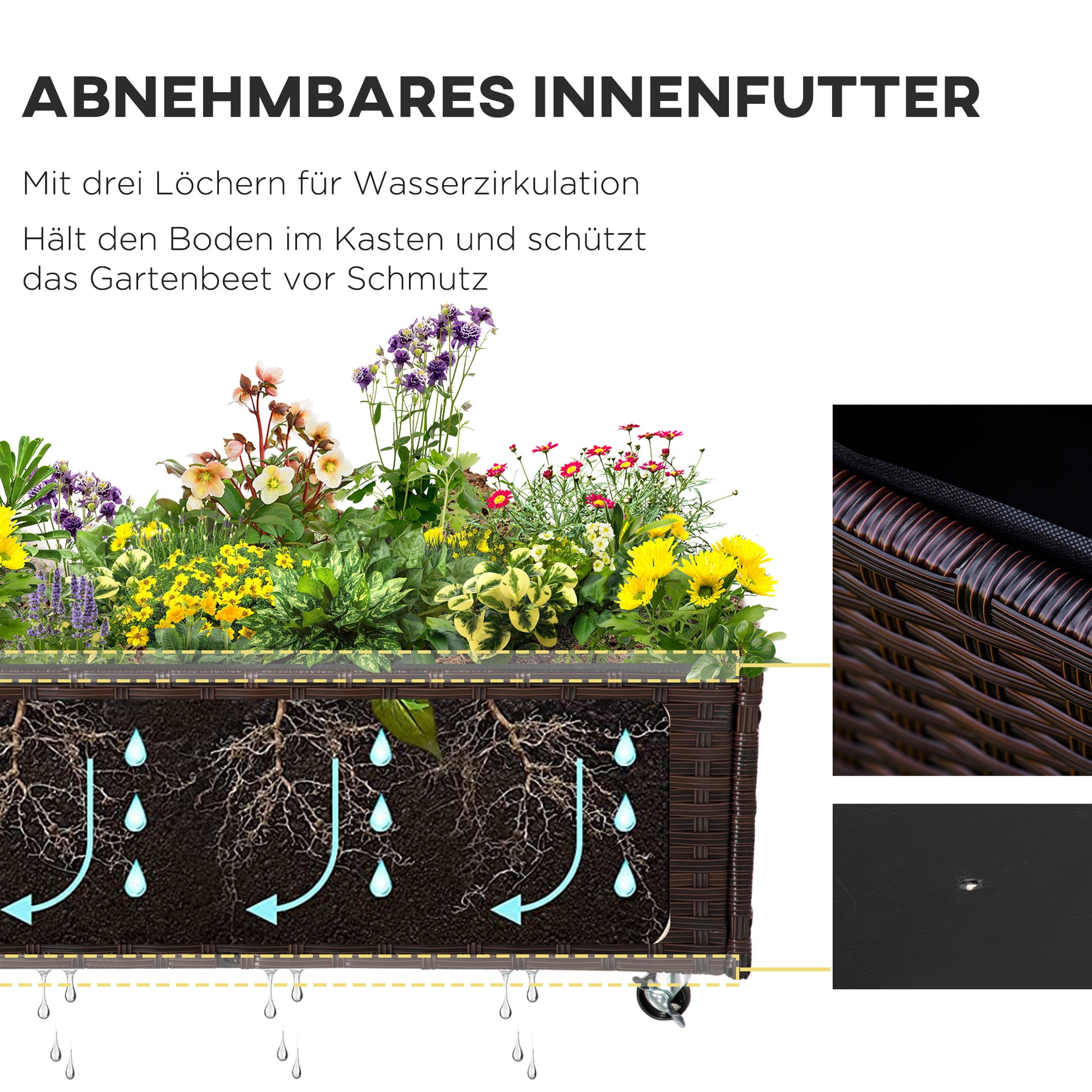 Raised Bed Poly Rattan with Wheels Planter Box with Drainage Holes Flower Pot Coffee-Brown 94.5 x 31 x 36 cm