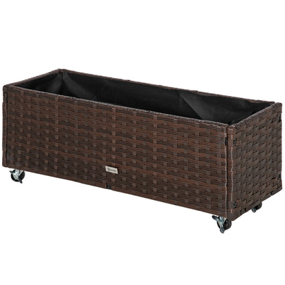Raised Bed Poly Rattan with Wheels Planter Box with Drainage Holes Flower Pot Coffee-Brown 94.5 x 31 x 36 cm