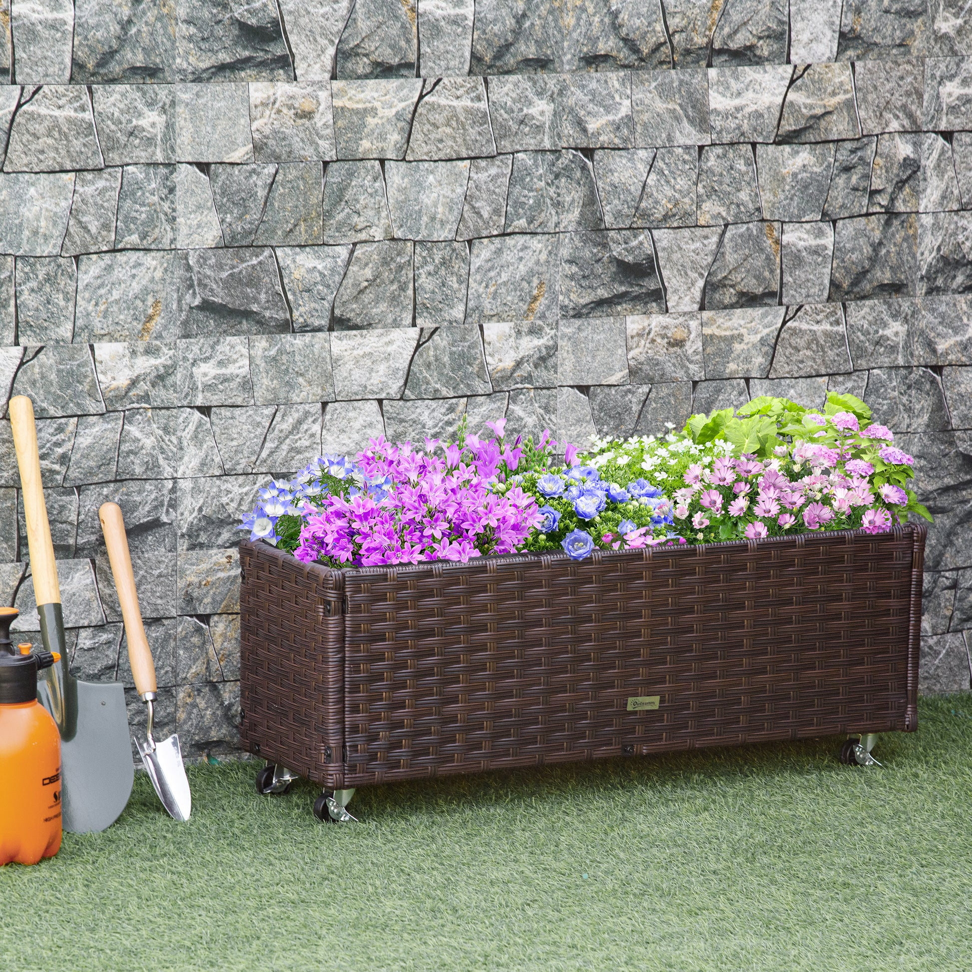 Raised Bed Poly Rattan with Wheels Planter Box with Drainage Holes Flower Pot Coffee-Brown 94.5 x 31 x 36 cm