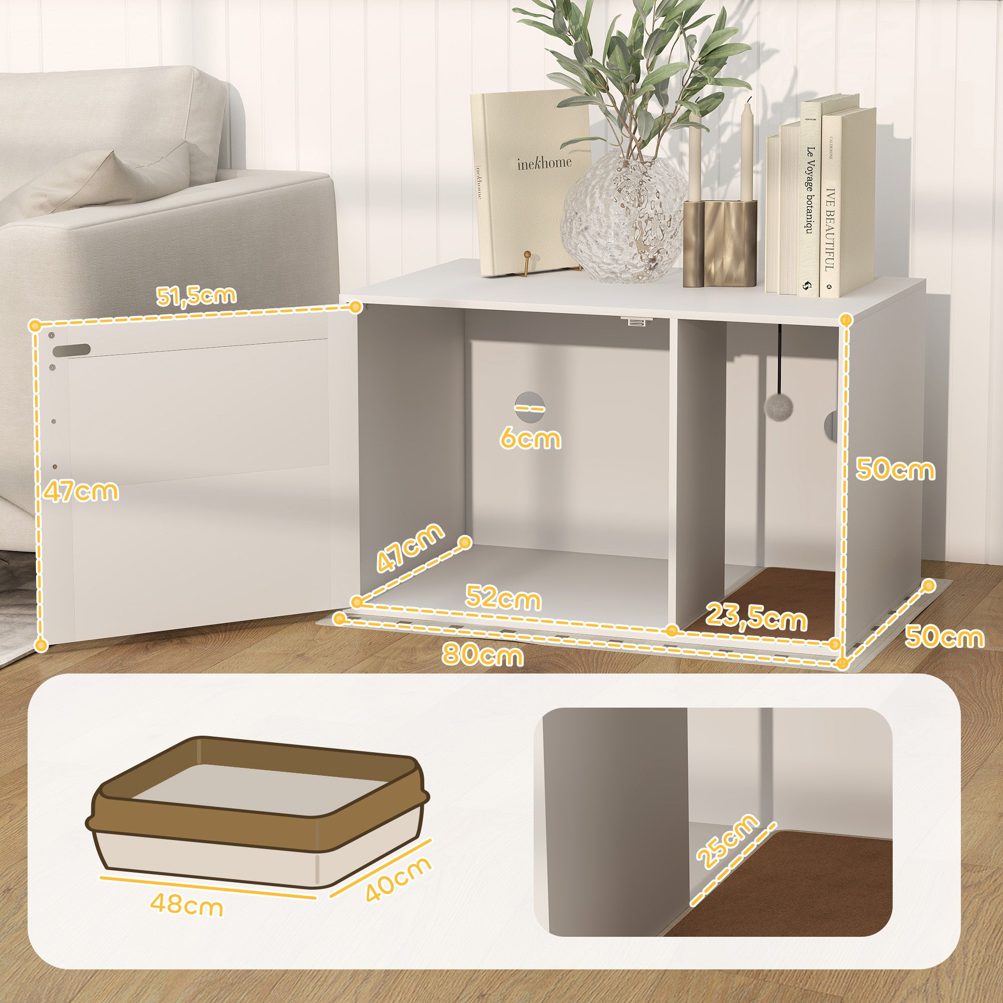 Cat Litter Box Cabinet Cat Cabinet with Hole, Cat Toilet with Door, Entrance, Scratch Pad, Cat Litter Cabinet for Cats under 6 kg, 80 x 50 x 50 cm, Indoor, White