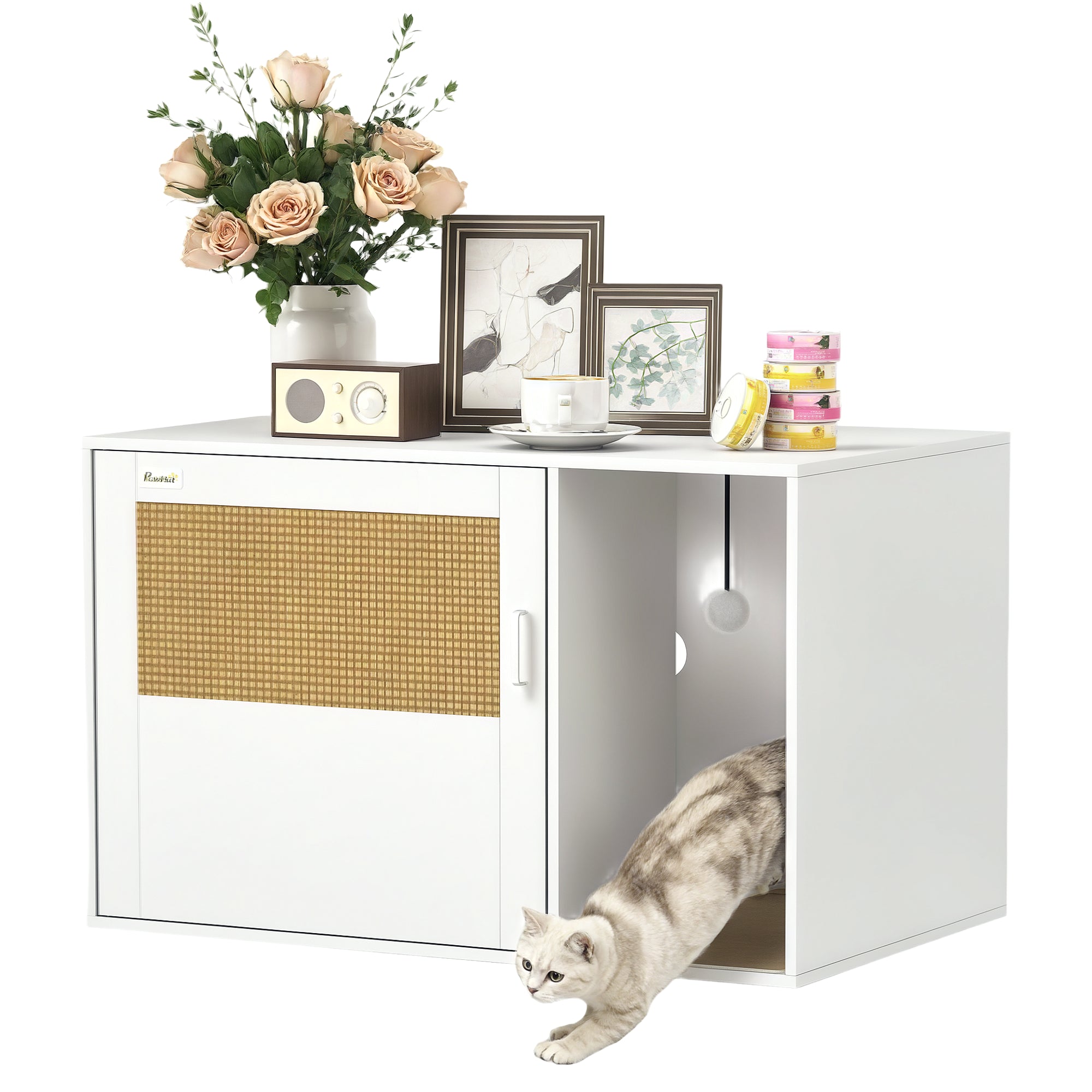 Cat Litter Box Cabinet Cat Cabinet with Hole, Cat Toilet with Door, Entrance, Scratch Pad, Cat Litter Cabinet for Cats under 6 kg, 80 x 50 x 50 cm, Indoor, White