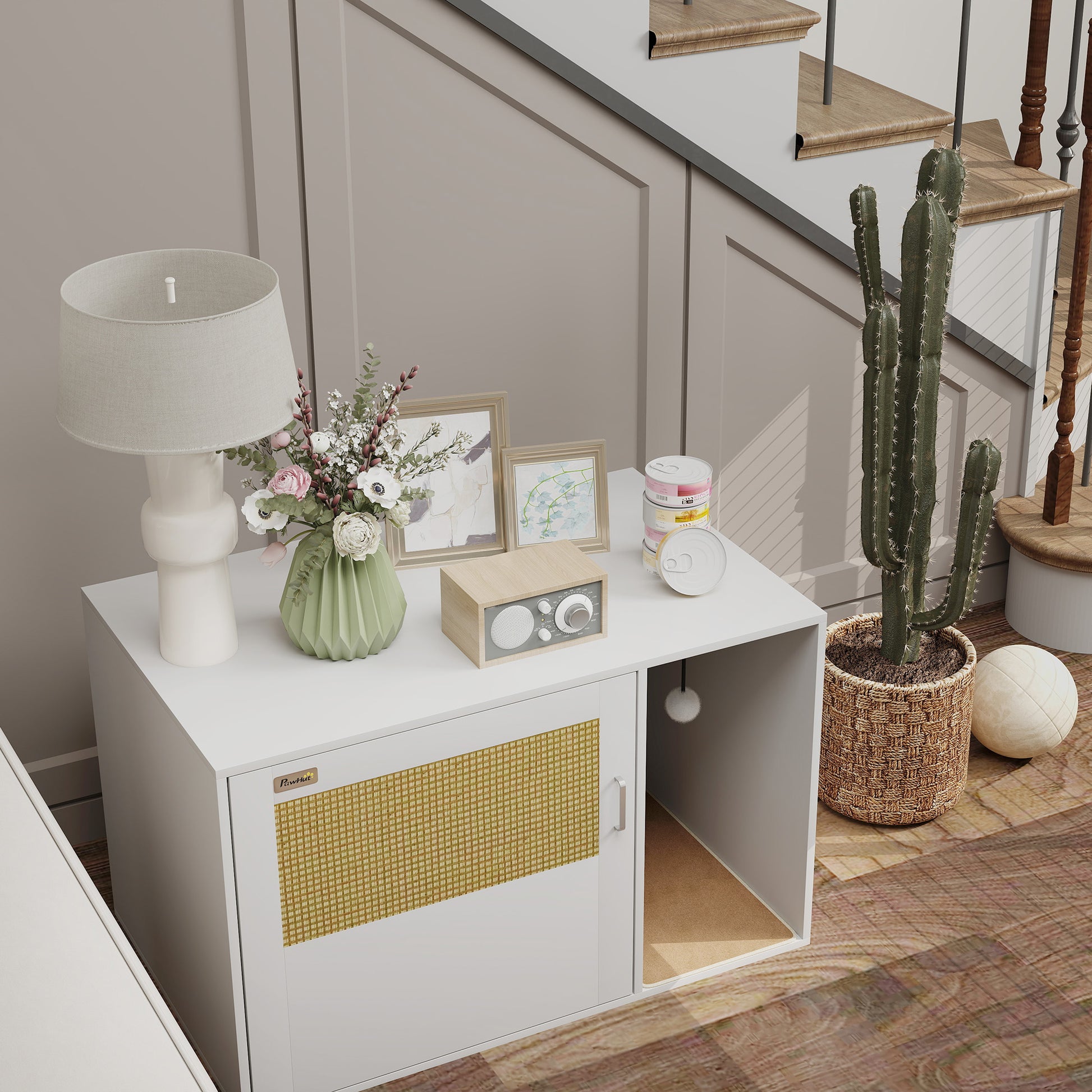 Cat Litter Box Cabinet Cat Cabinet with Hole, Cat Toilet with Door, Entrance, Scratch Pad, Cat Litter Cabinet for Cats under 6 kg, 80 x 50 x 50 cm, Indoor, White