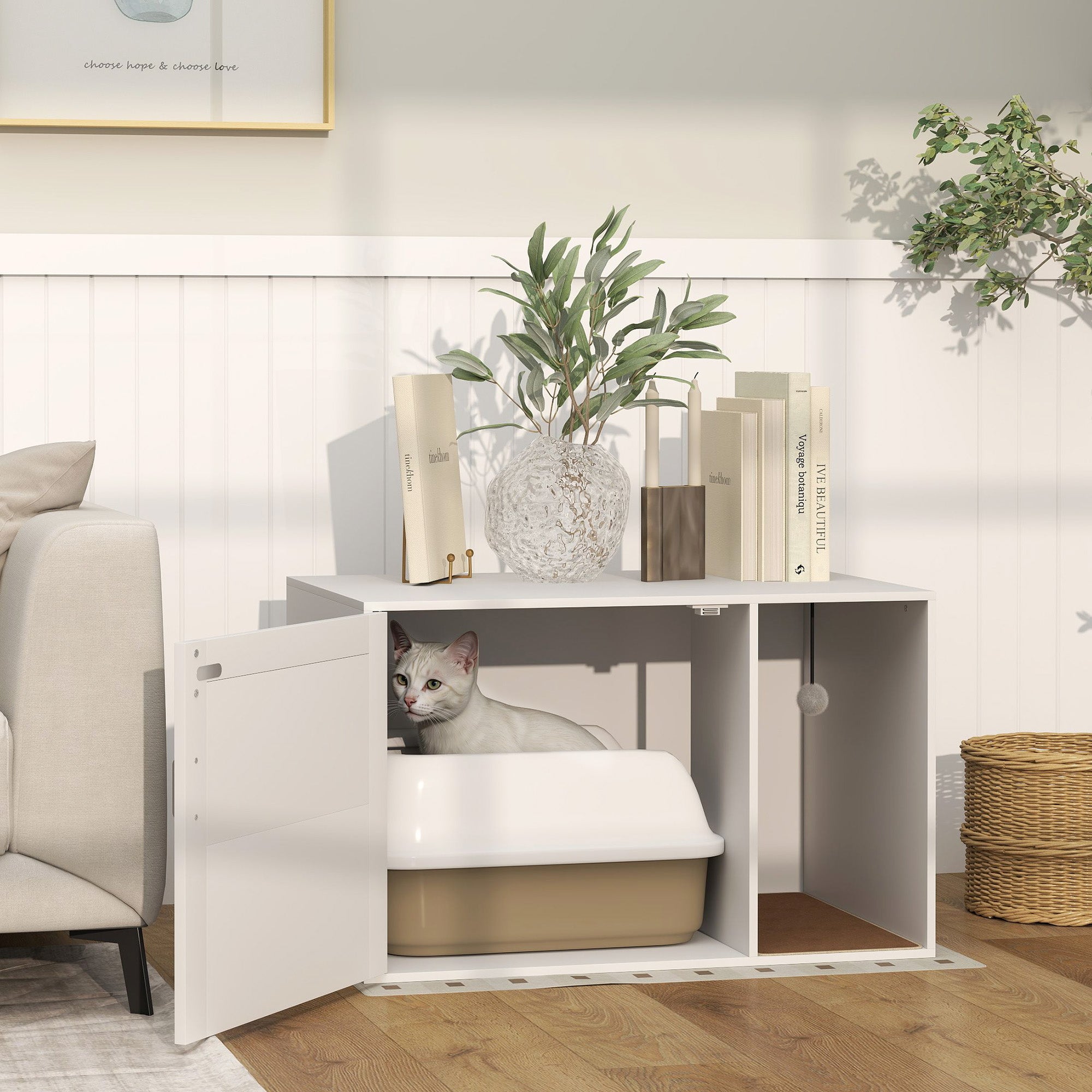 Cat Litter Box Cabinet Cat Cabinet with Hole, Cat Toilet with Door, Entrance, Scratch Pad, Cat Litter Cabinet for Cats under 6 kg, 80 x 50 x 50 cm, Indoor, White