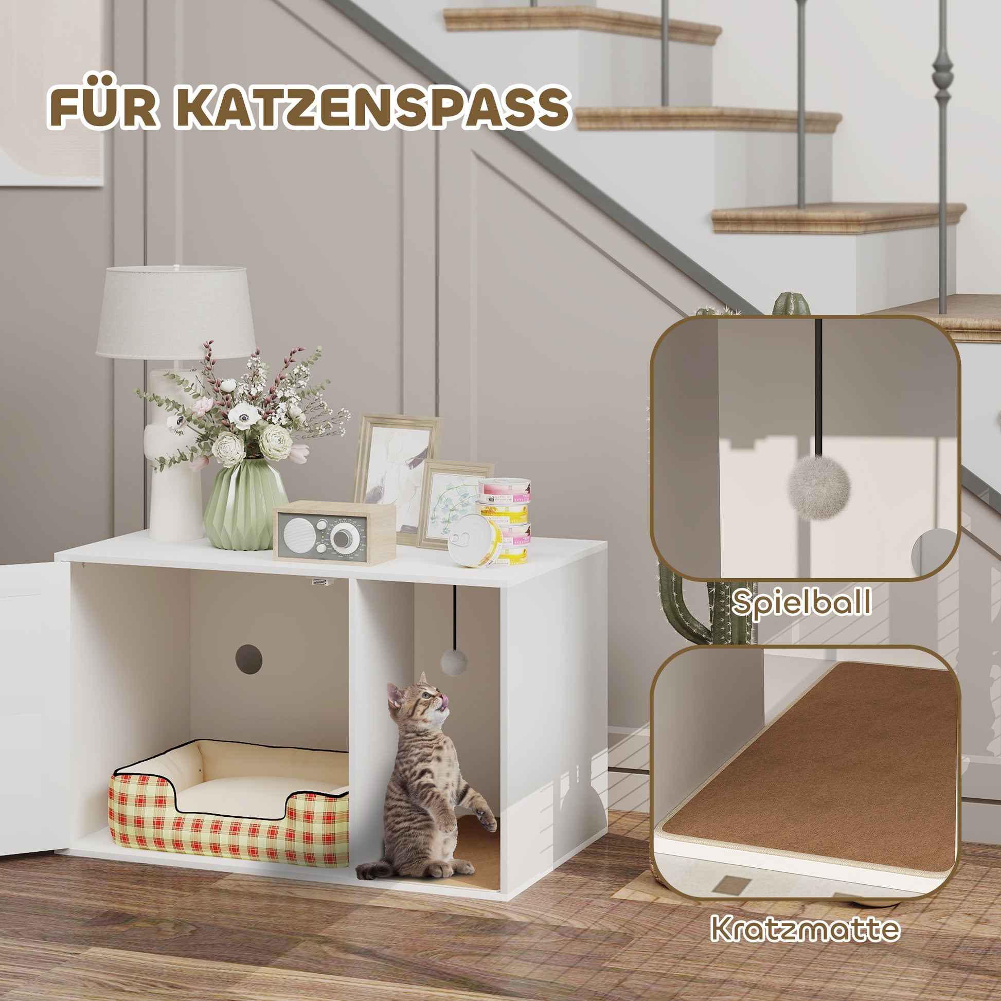 Cat Litter Box Cabinet Cat Cabinet with Hole, Cat Toilet with Door, Entrance, Scratch Pad, Cat Litter Cabinet for Cats under 6 kg, 80 x 50 x 50 cm, Indoor, White