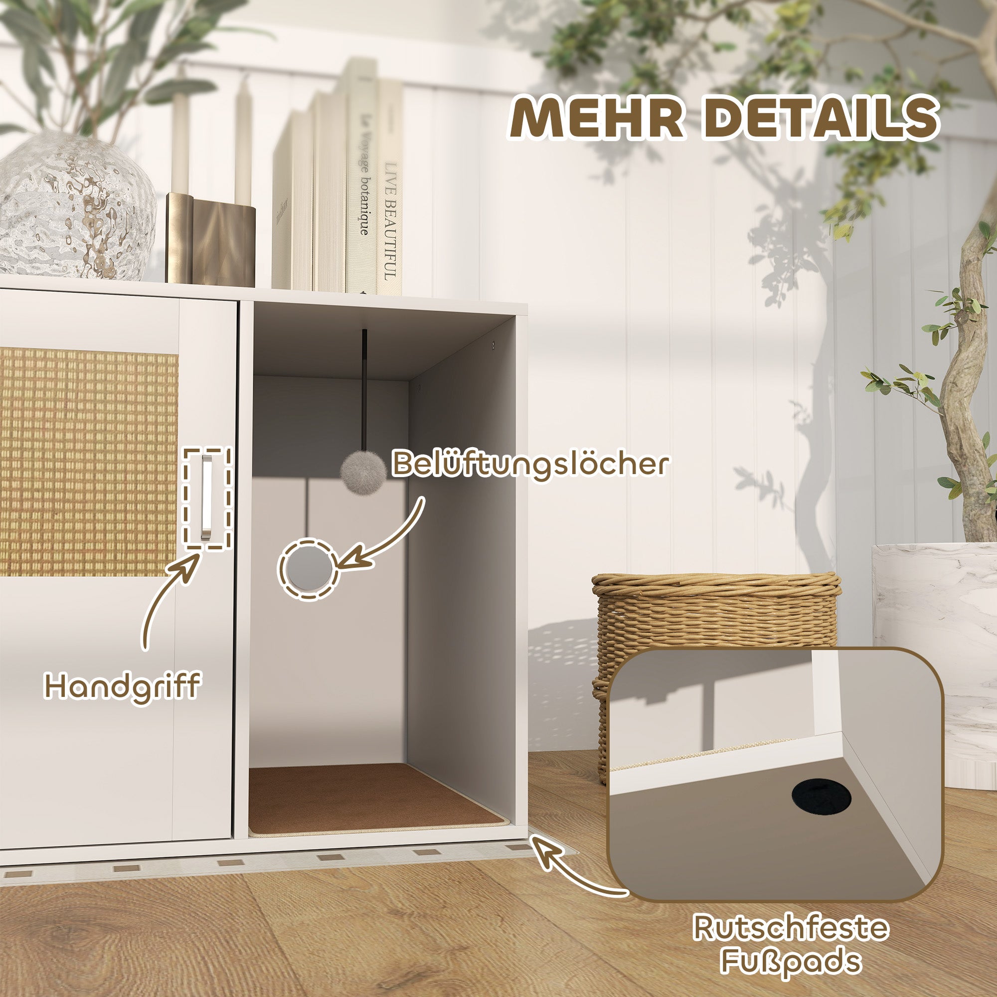 Cat Litter Box Cabinet Cat Cabinet with Hole, Cat Toilet with Door, Entrance, Scratch Pad, Cat Litter Cabinet for Cats under 6 kg, 80 x 50 x 50 cm, Indoor, White