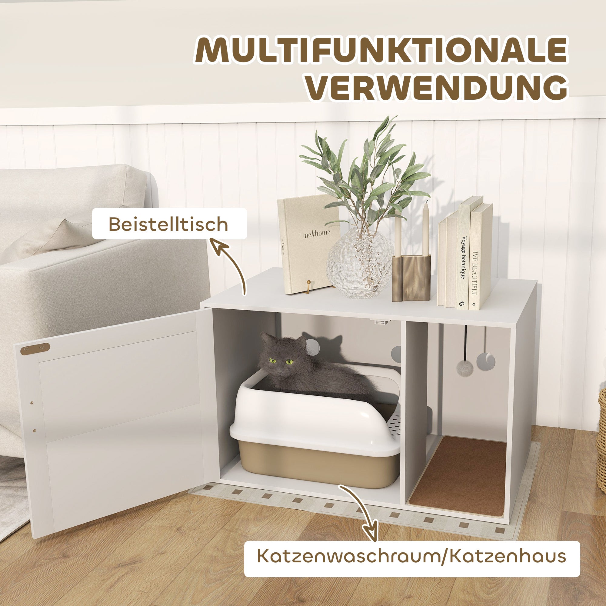 Cat Litter Box Cabinet Cat Cabinet with Hole, Cat Toilet with Door, Entrance, Scratch Pad, Cat Litter Cabinet for Cats under 6 kg, 80 x 50 x 50 cm, Indoor, White