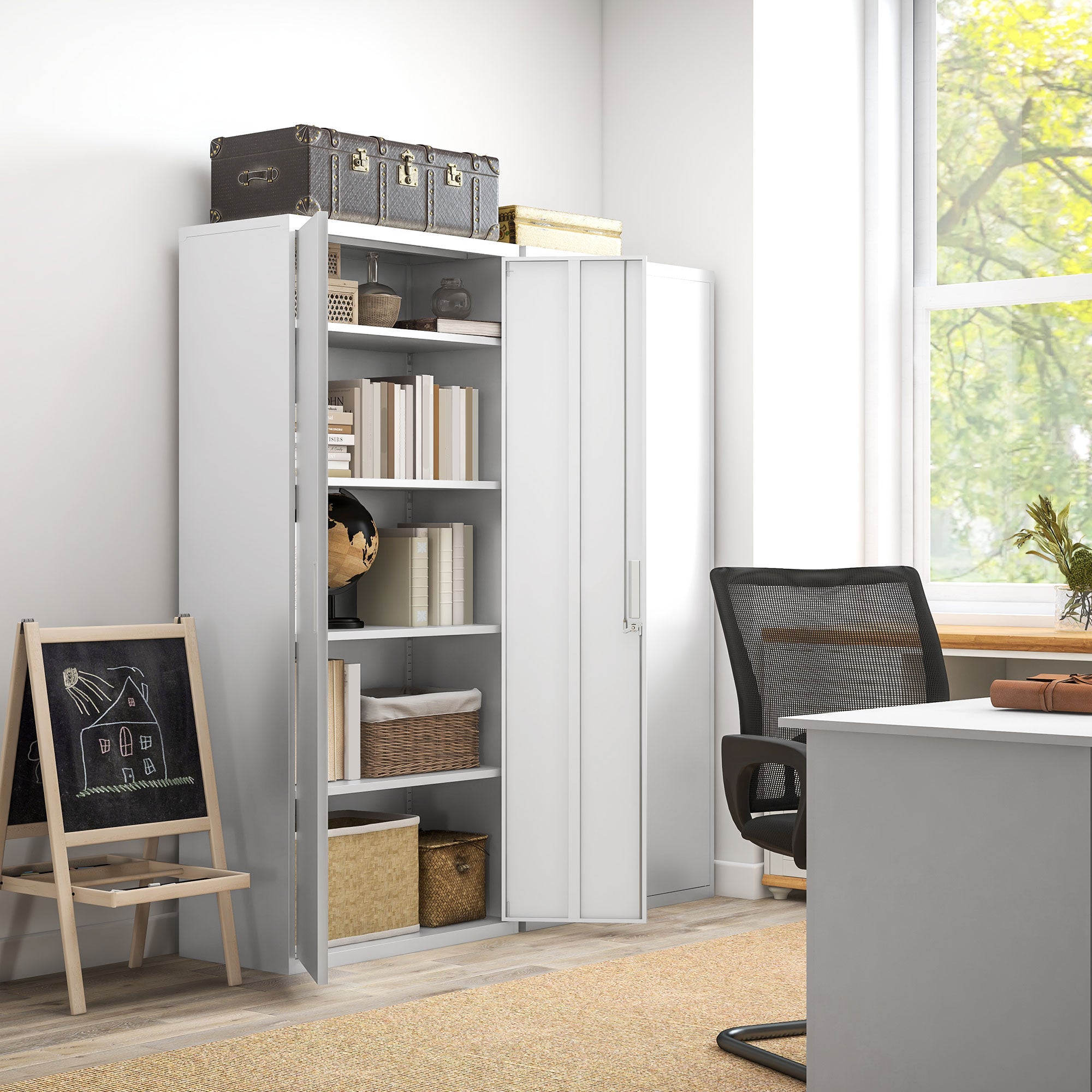 Filing Cabinet, Office Cabinet with 2 Doors, 5 Levels Multipurpose Cabinet with Adjustable Shelf, Steel Storage Cabinet, for Home Office, Living Room, White