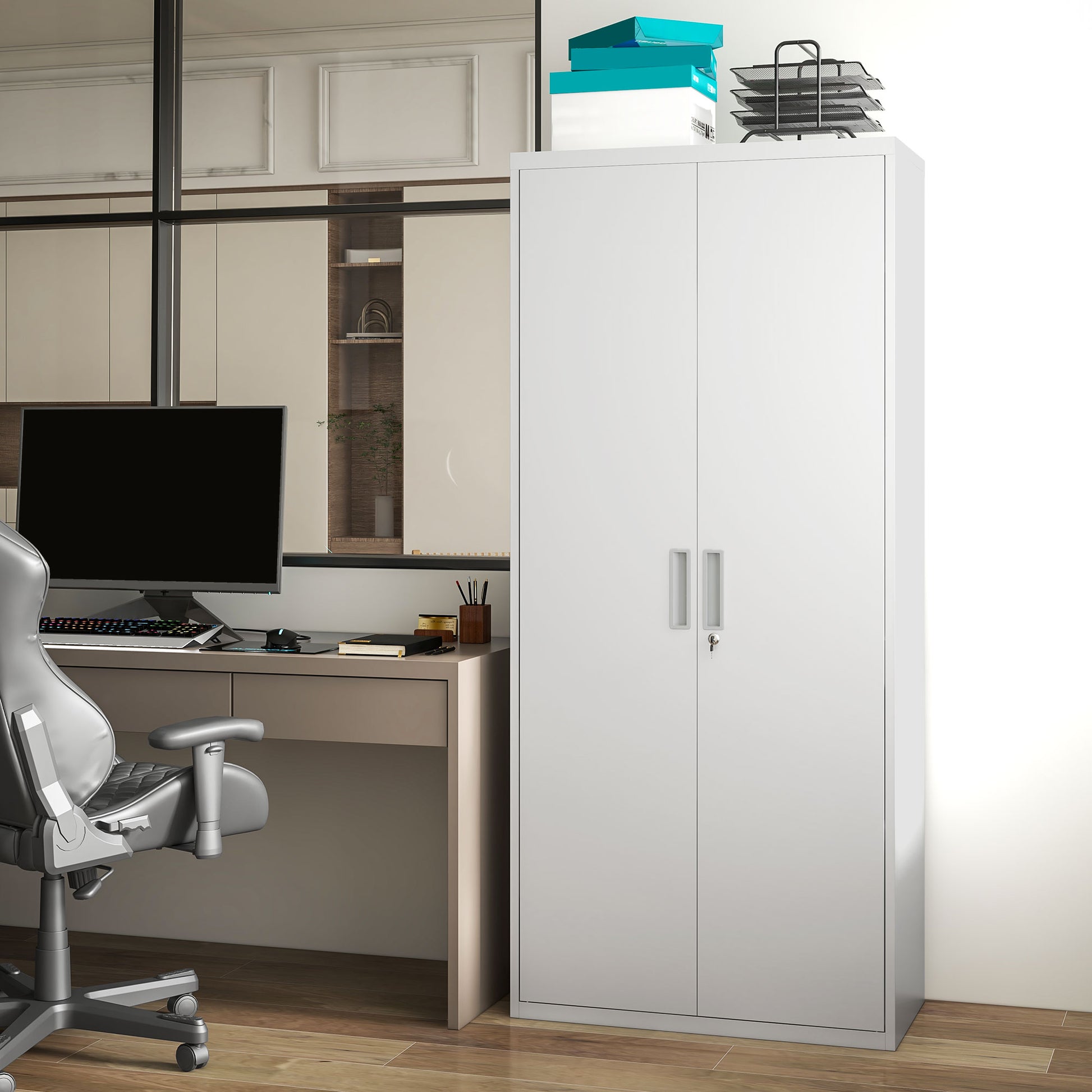 Filing Cabinet, Office Cabinet with 2 Doors, 5 Levels Multipurpose Cabinet with Adjustable Shelf, Steel Storage Cabinet, for Home Office, Living Room, White