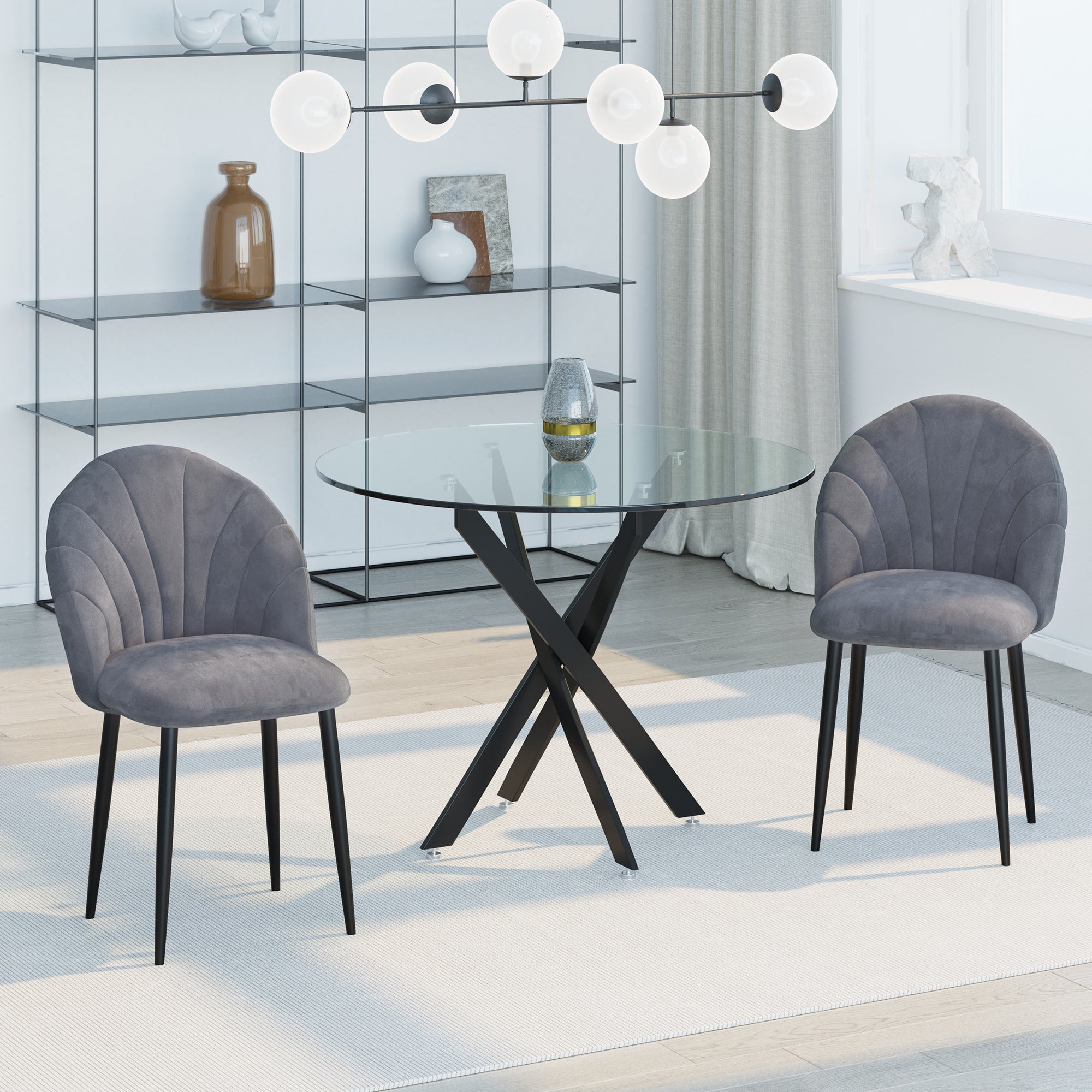 Dining Chairs Set of 2 Kitchen Chair with Shell-Shaped Back, Velvet-Like, Upholstered Armchair with Footrest, Chairs, Living Room Chair with Steel Legs for Dining Table, Gray