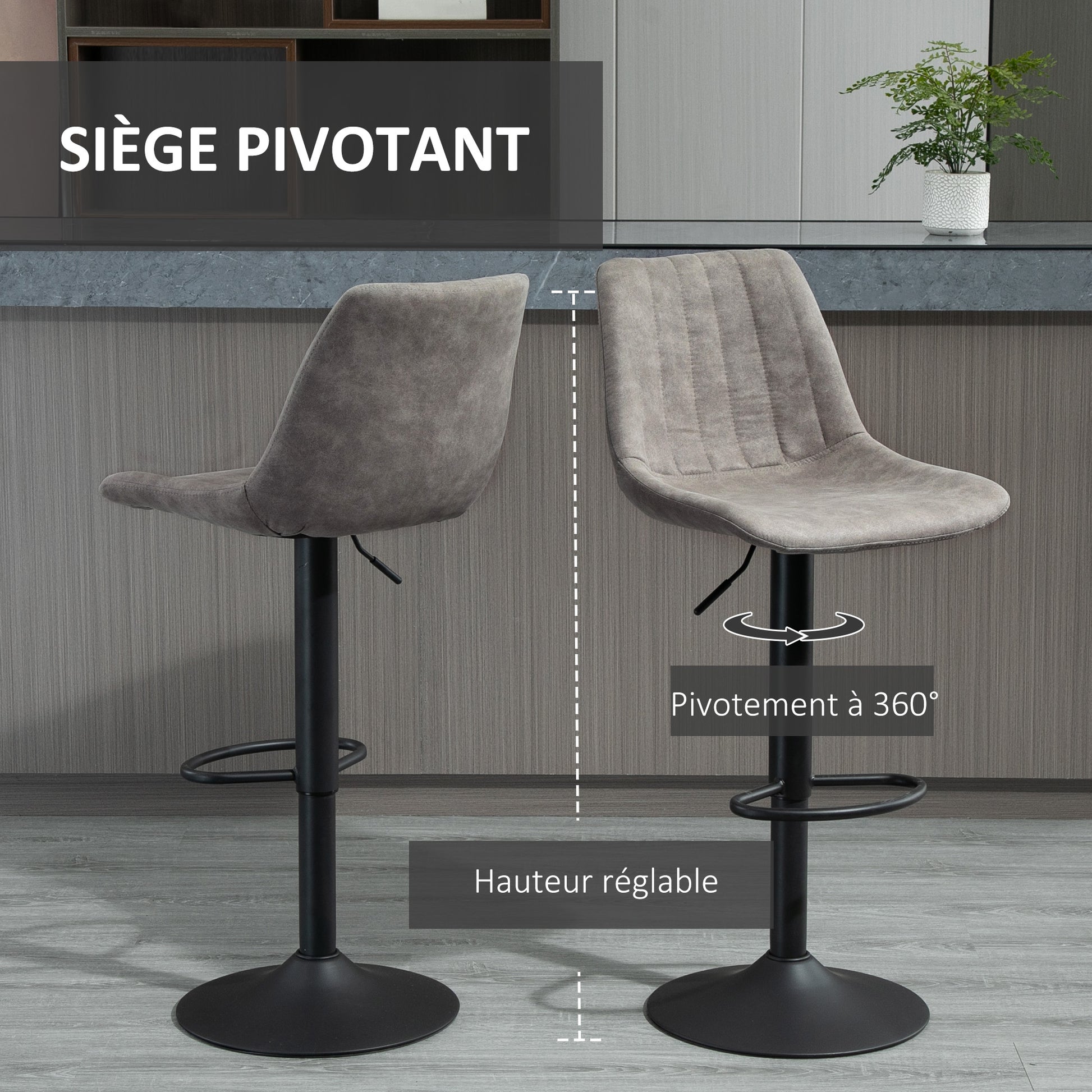 Set of 2 vintage style adjustable height swivel bar stools with footrest - Gray