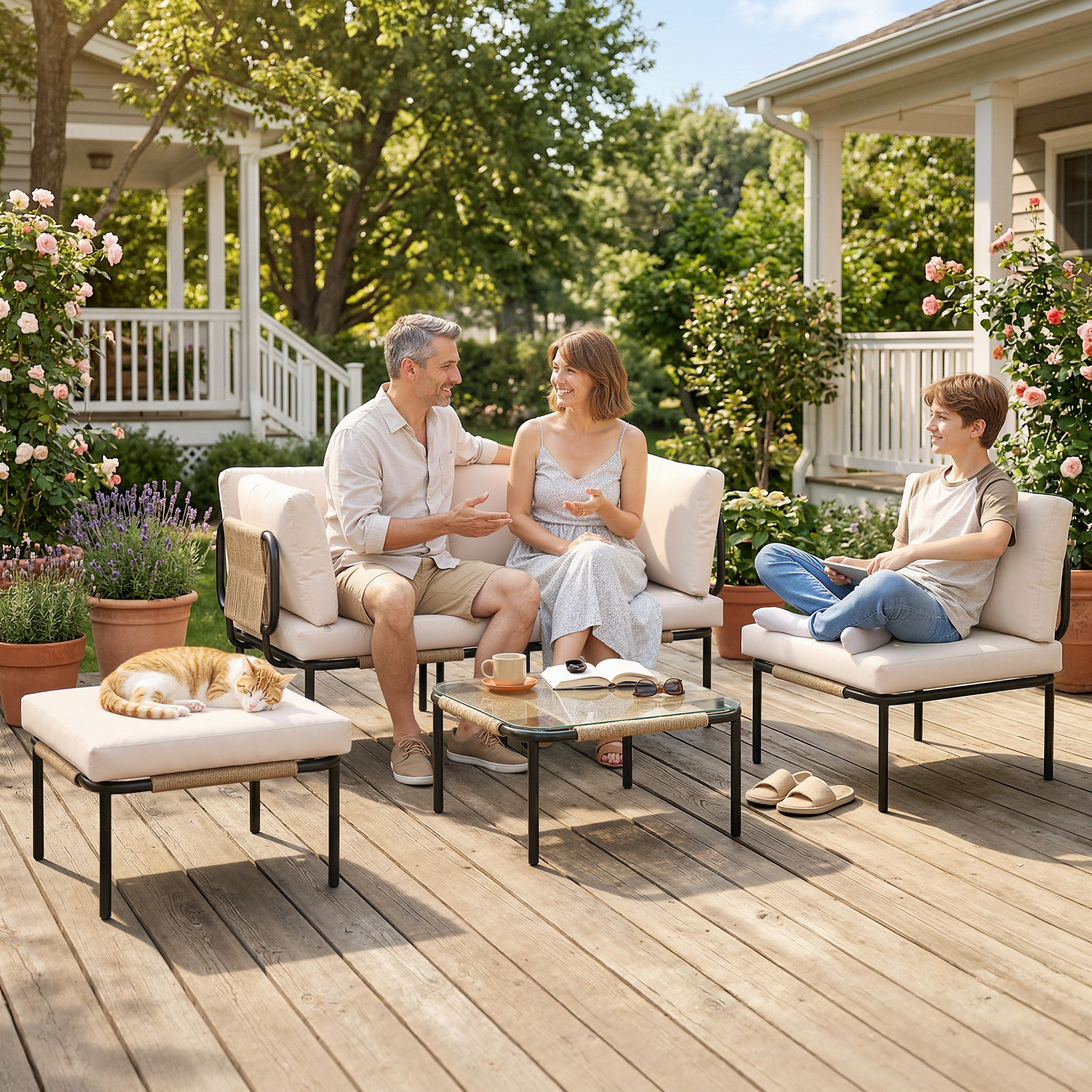 PE Rattan 5-Piece Garden Furniture Set – Modular L-Shaped Lounge with 3 Chairs, Glass Table, Ottoman & Removable Cushions, Khaki
