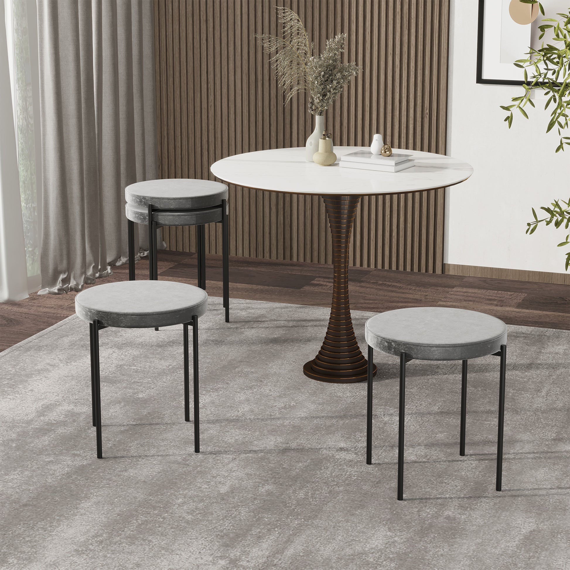 Set of 4 Stackable Dining Chairs Kitchen Stools with Padded Seat, Velvet Look Velvet Kitchen Dining Metal Grey 41.5 x 41.5 x 46 cm