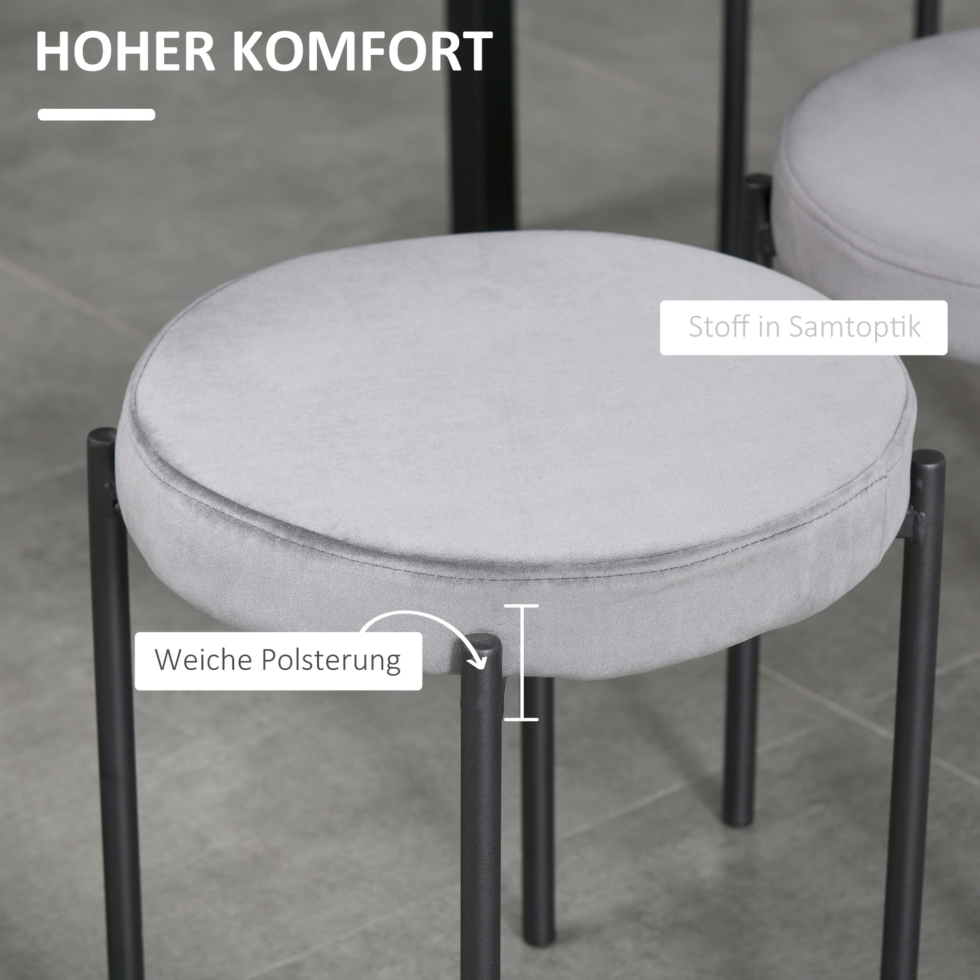 Set of 4 Stackable Dining Chairs Kitchen Stools with Padded Seat, Velvet Look Velvet Kitchen Dining Metal Grey 41.5 x 41.5 x 46 cm