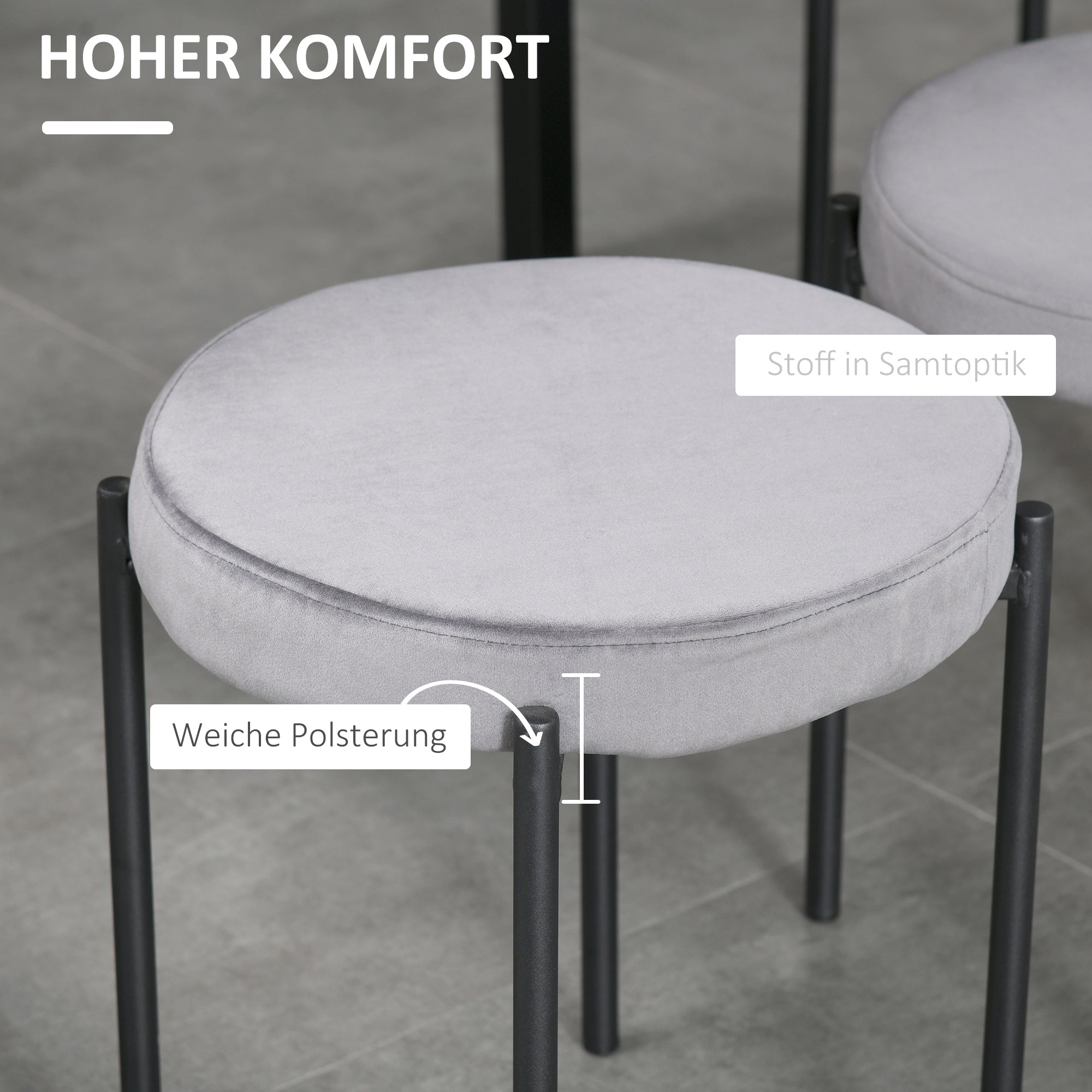 Set of 4 Stackable Dining Chairs Kitchen Stools with Padded Seat, Velvet Look Velvet Kitchen Dining Metal Grey 41.5 x 41.5 x 46 cm