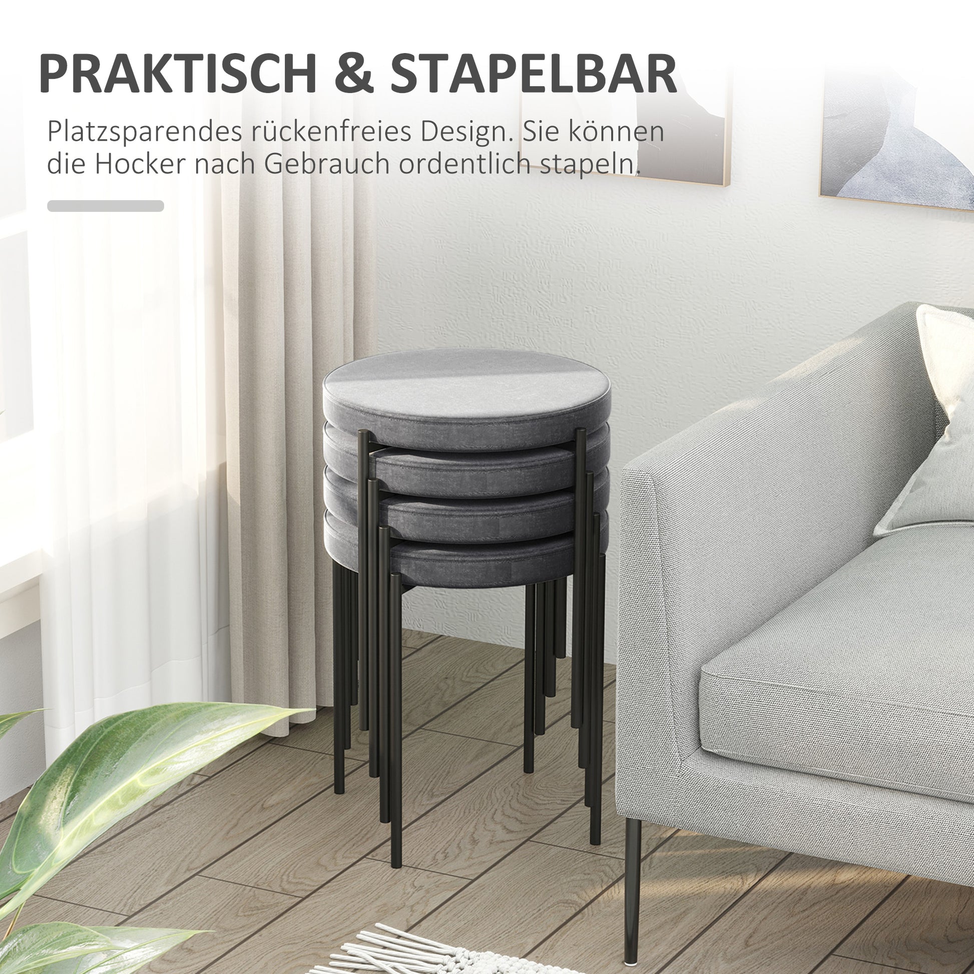 Set of 4 Stackable Dining Chairs Kitchen Stools with Padded Seat, Velvet Look Velvet Kitchen Dining Metal Grey 41.5 x 41.5 x 46 cm