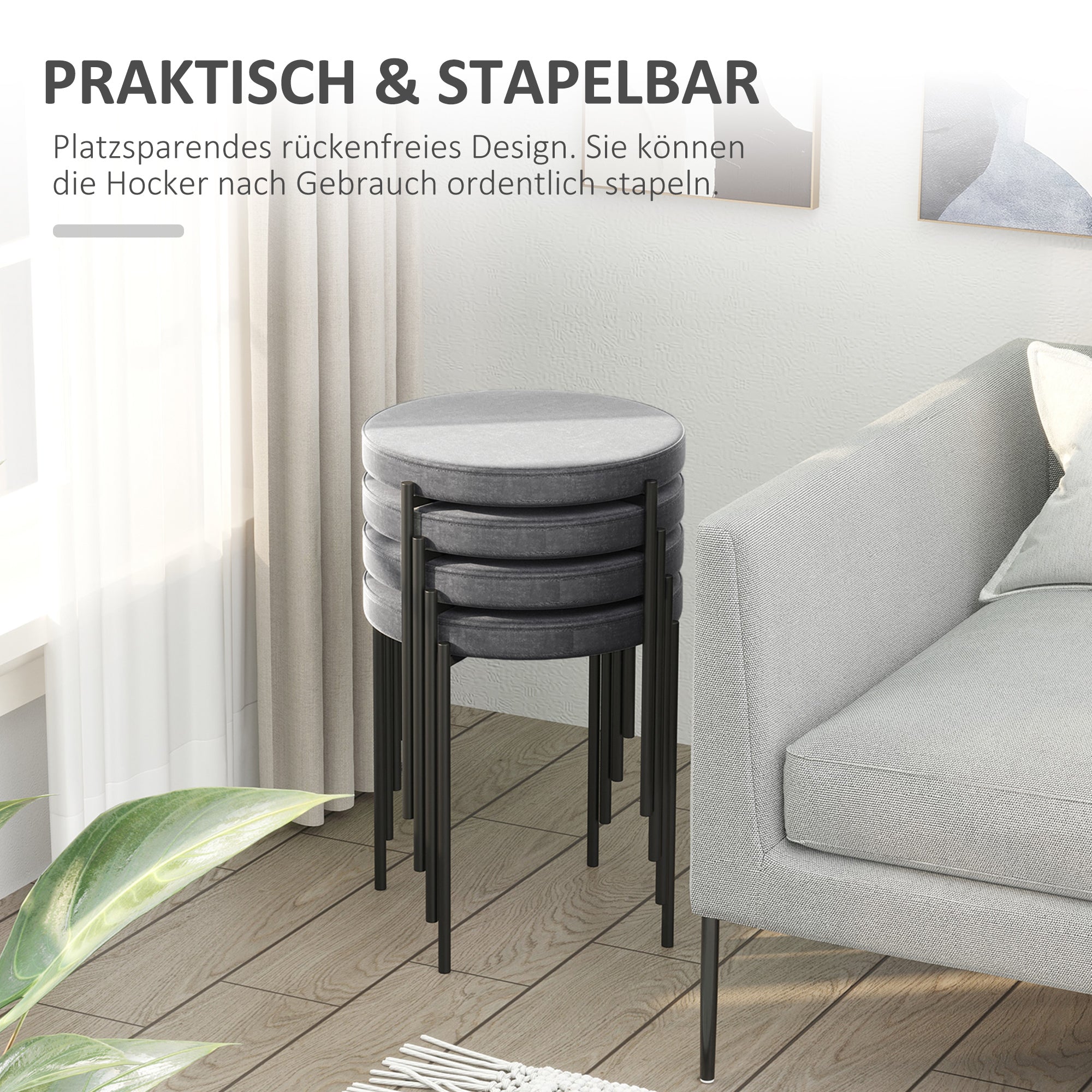 Set of 4 Stackable Dining Chairs Kitchen Stools with Padded Seat, Velvet Look Velvet Kitchen Dining Metal Grey 41.5 x 41.5 x 46 cm