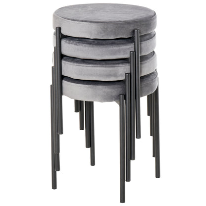 Set of 4 Stackable Dining Chairs Kitchen Stools with Padded Seat, Velvet Look Velvet Kitchen Dining Metal Grey 41.5 x 41.5 x 46 cm