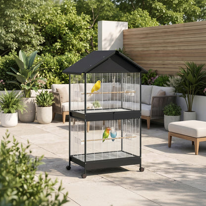 Large Bird Aviary with Removable Divider, 2 Doors, 4 Wooden Perches, Wheels, 2 Trays & 6 Feeders – XXL Cage for Budgies, Cockatiels, Canaries (94 x 70 x 158 cm / 37 x 27.6 x 62.2 in)