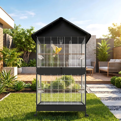 Large Bird Aviary with Removable Divider, 2 Doors, 4 Wooden Perches, Wheels, 2 Trays & 6 Feeders – XXL Cage for Budgies, Cockatiels, Canaries (94 x 70 x 158 cm / 37 x 27.6 x 62.2 in)