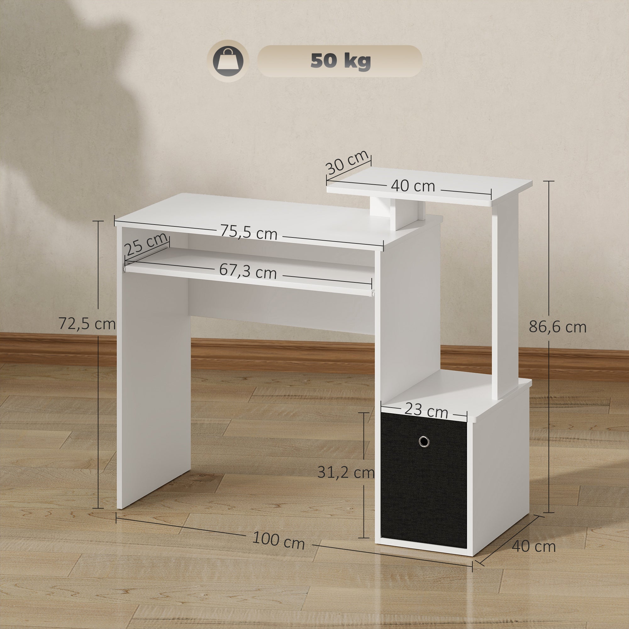 Multimedia Computer Desk with Shelves Keyboard Tray Basket Black Particle Board White