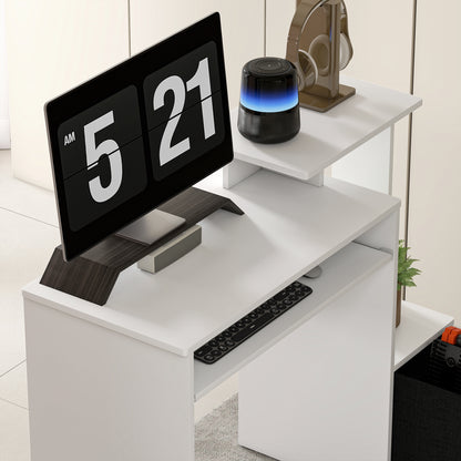 Multimedia Computer Desk with Shelves Keyboard Tray Basket Black Particle Board White