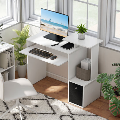 Multimedia Computer Desk with Shelves Keyboard Tray Basket Black Particle Board White