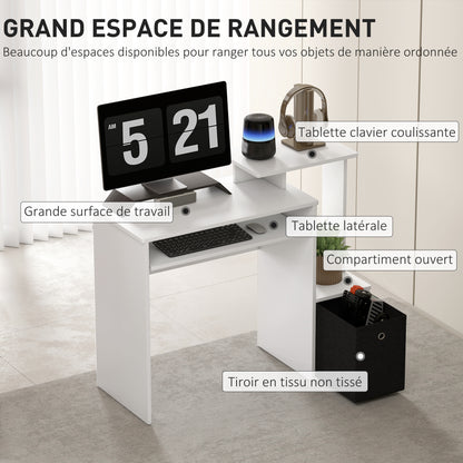 Multimedia Computer Desk with Shelves Keyboard Tray Basket Black Particle Board White