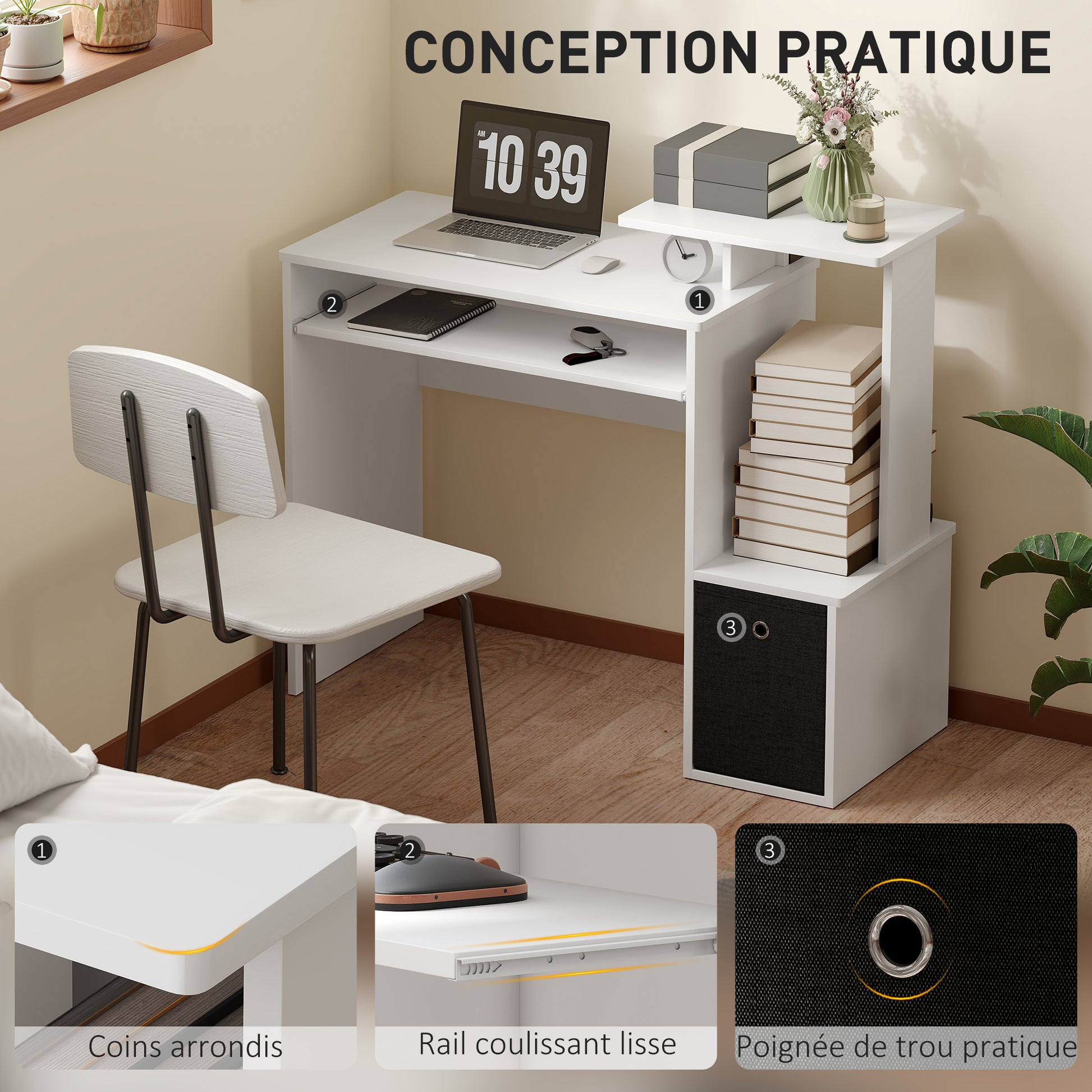 Multimedia Computer Desk with Shelves Keyboard Tray Basket Black Particle Board White