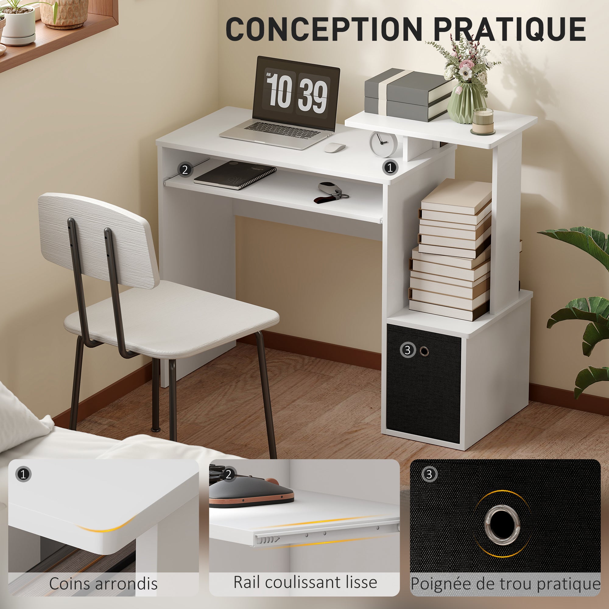 Multimedia Computer Desk with Shelves Keyboard Tray Basket Black Particle Board White
