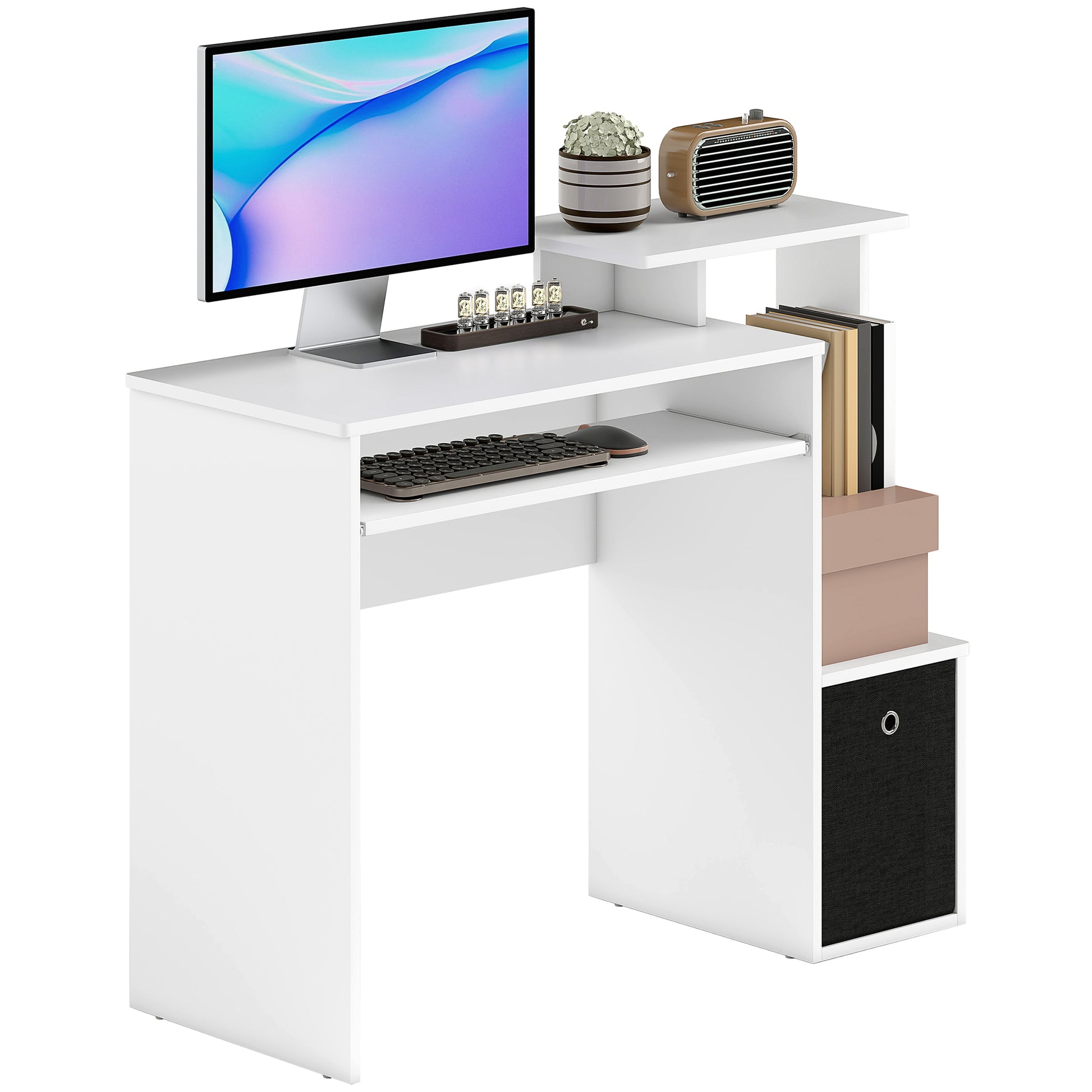 Multimedia Computer Desk with Shelves Keyboard Tray Basket Black Particle Board White