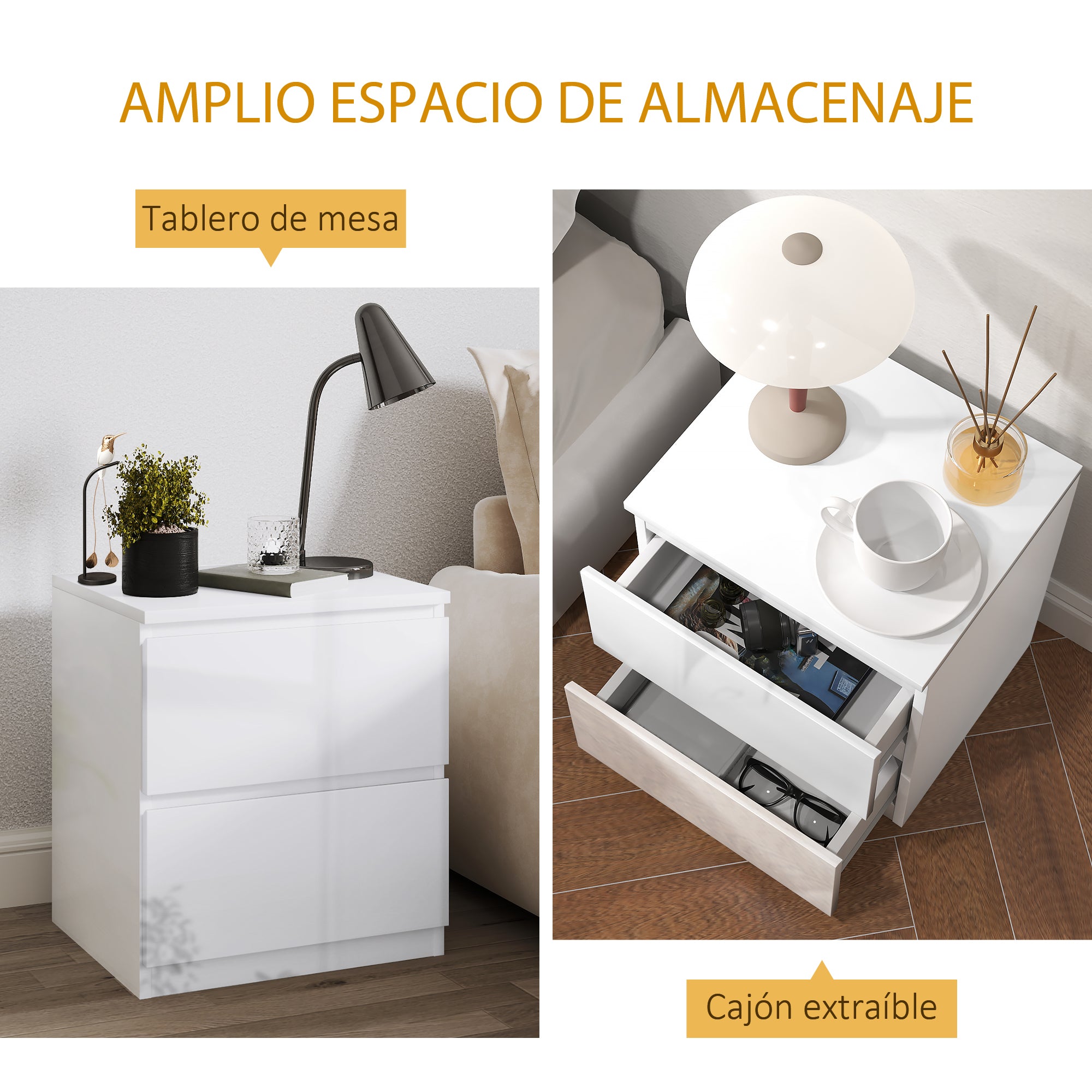 Modern Nightstand Bedside Table with 2 Drawers Night Stand Side Table for Bedroom Living Room 40x34x45 cm Glossy White