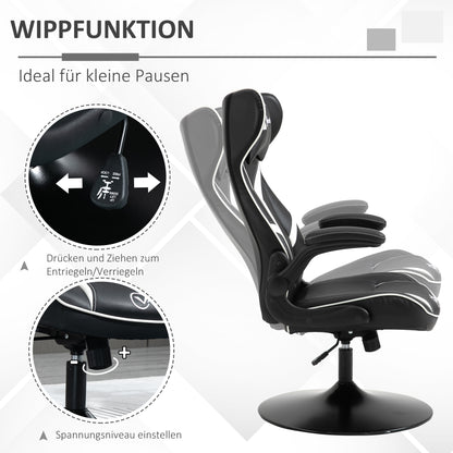 Gaming Chair ergonomic Computer Chair with Rocking Function Swivel Chair height adjustable Steel Black + White 67 x 70 x 106-112 cm