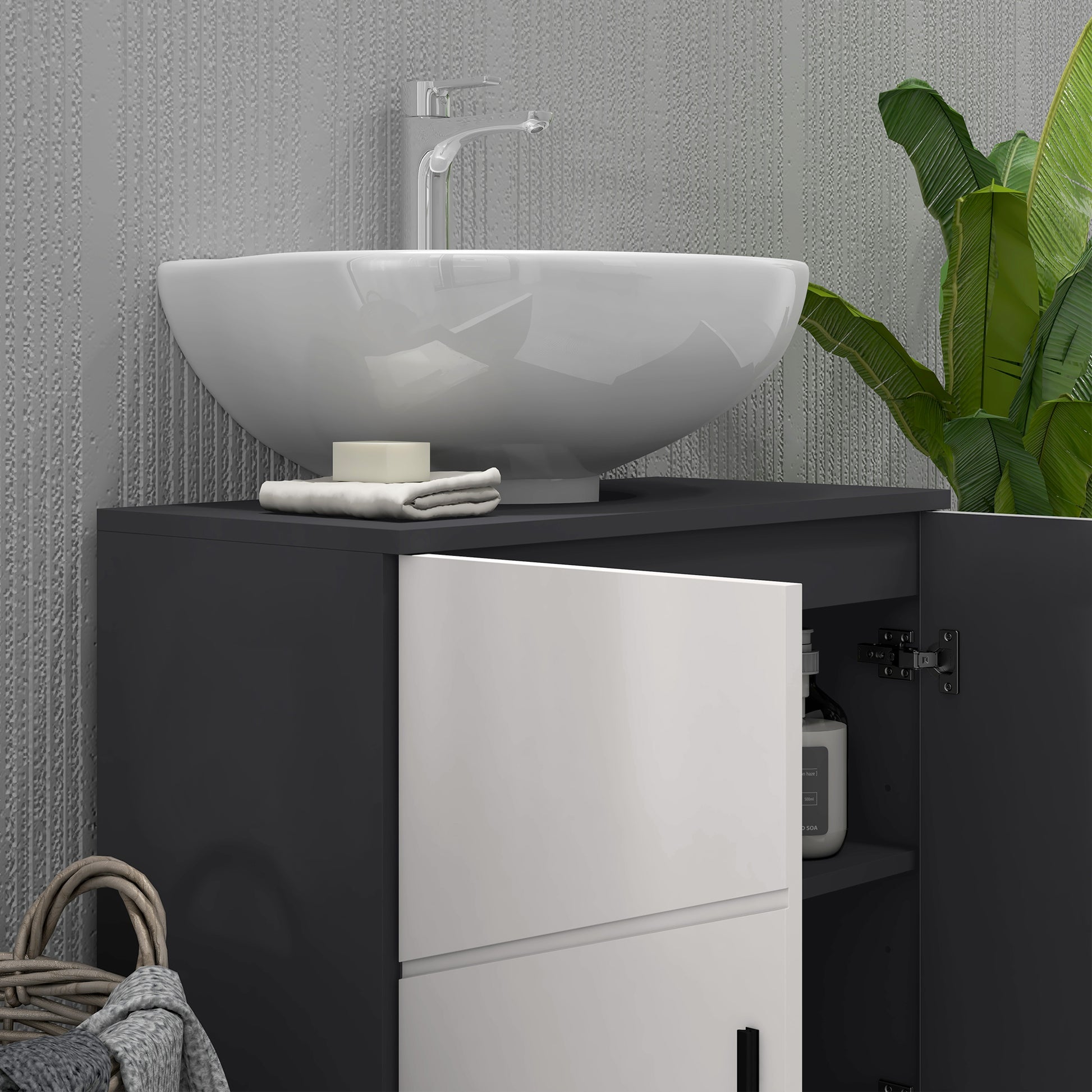 Under Sink Bathroom Cabinet with 2 Doors, Under Sink Wooden Cabinet with Adjustable Shelf, for Sinks with or Without Column, 60x30x60cm, Grey