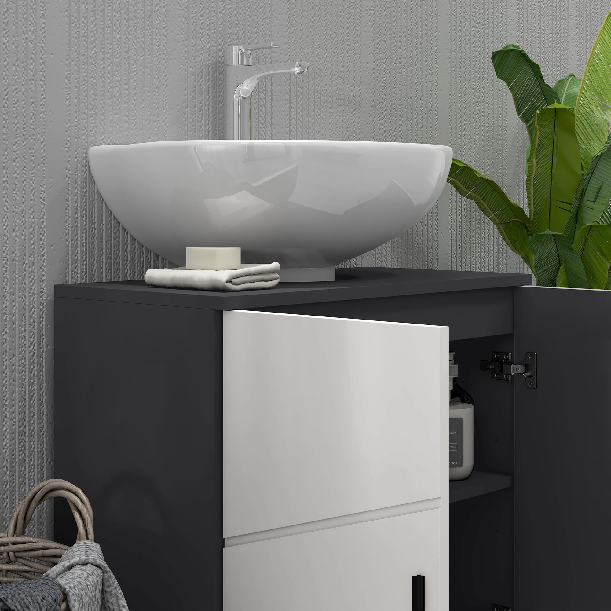 Under Sink Bathroom Cabinet with 2 Doors, Under Sink Wooden Cabinet with Adjustable Shelf, for Sinks with or Without Column, 60x30x60cm, Grey