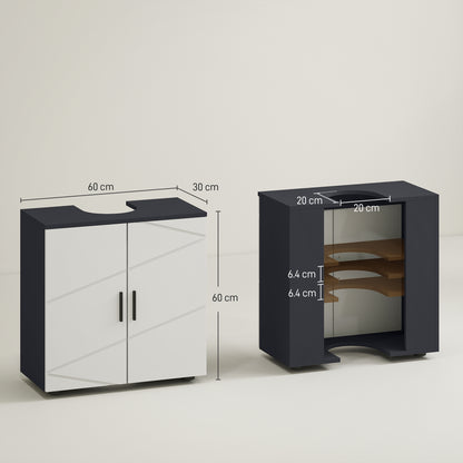 Under Sink Bathroom Cabinet with 2 Doors, Under Sink Wooden Cabinet with Adjustable Shelf, for Sinks with or Without Column, 60x30x60cm, Grey