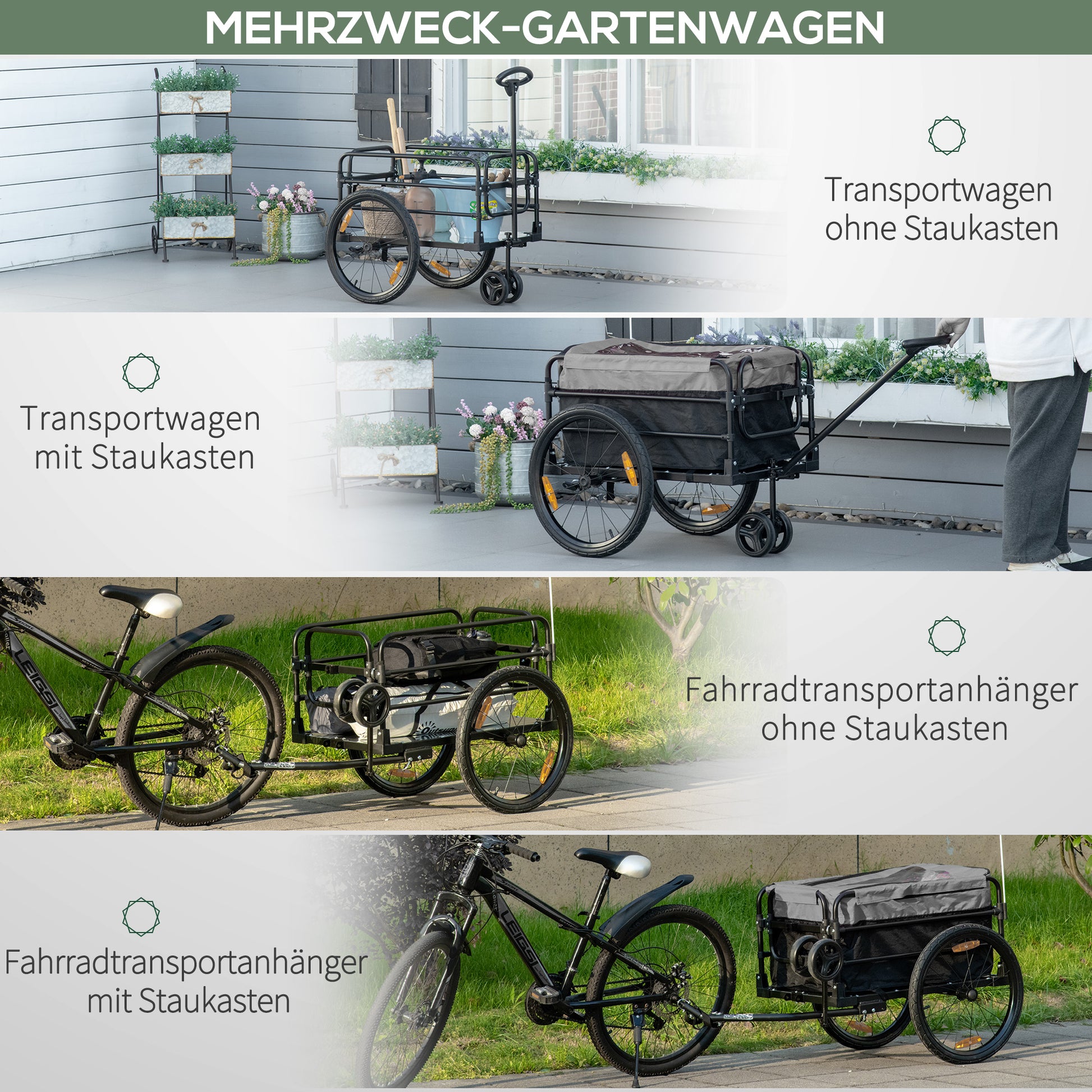Bike Trailer Cargo Trailer with Brake, Transporter up to 40kg Load Capacity, Transport Trailer Trailer for Bike Handcart 130 x 64 x 64/103cm