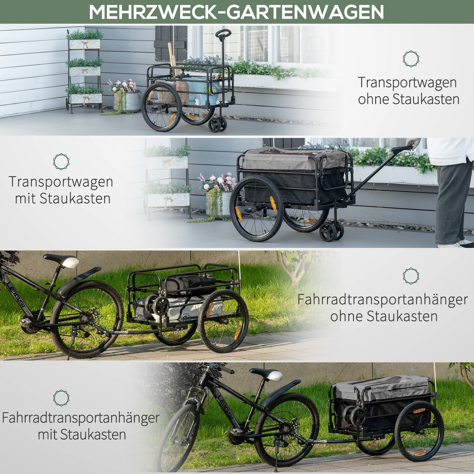Bike Trailer Cargo Trailer with Brake, Transporter up to 40kg Load Capacity, Transport Trailer Trailer for Bike Handcart 130 x 64 x 64/103cm