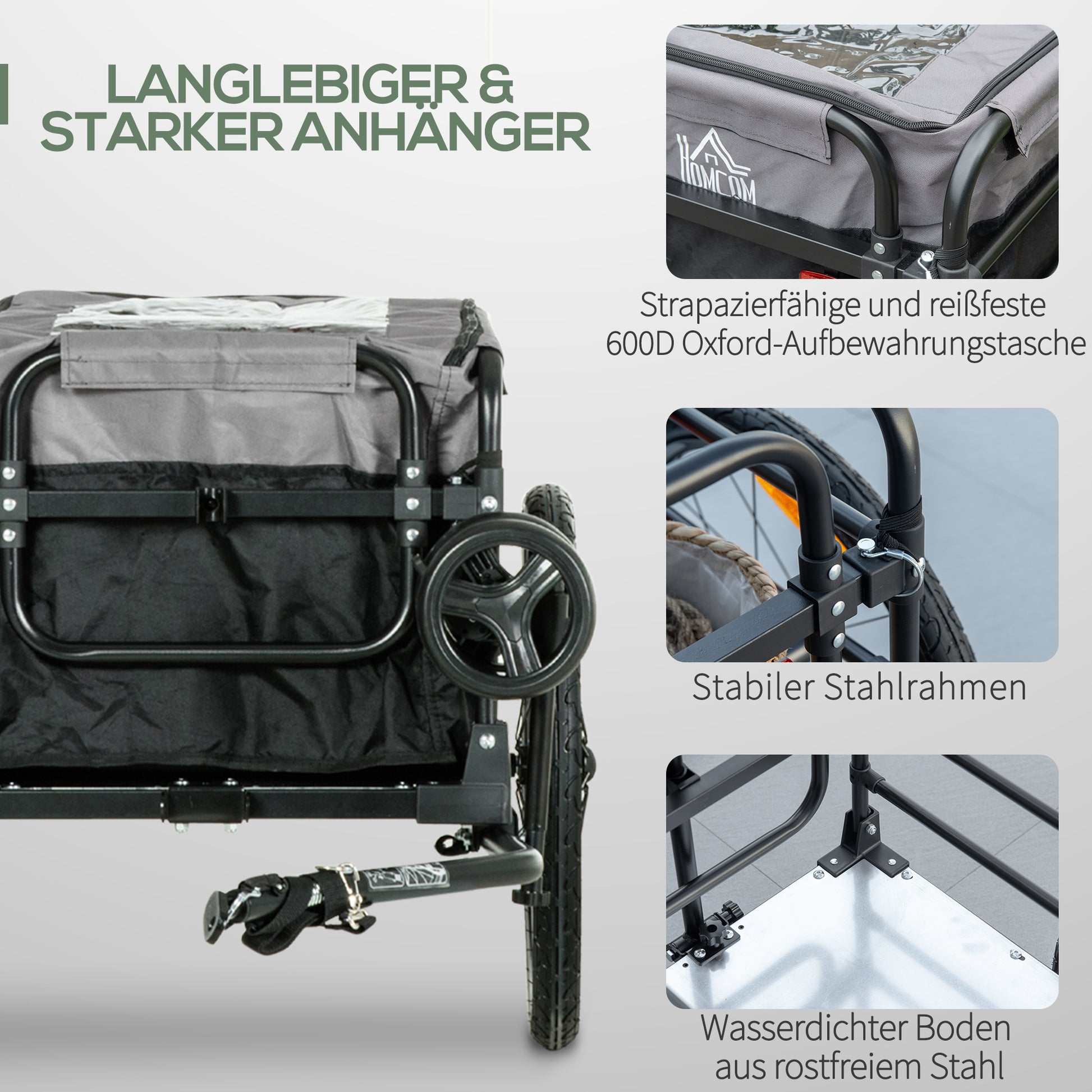 Bike Trailer Cargo Trailer with Brake, Transporter up to 40kg Load Capacity, Transport Trailer Trailer for Bike Handcart 130 x 64 x 64/103cm