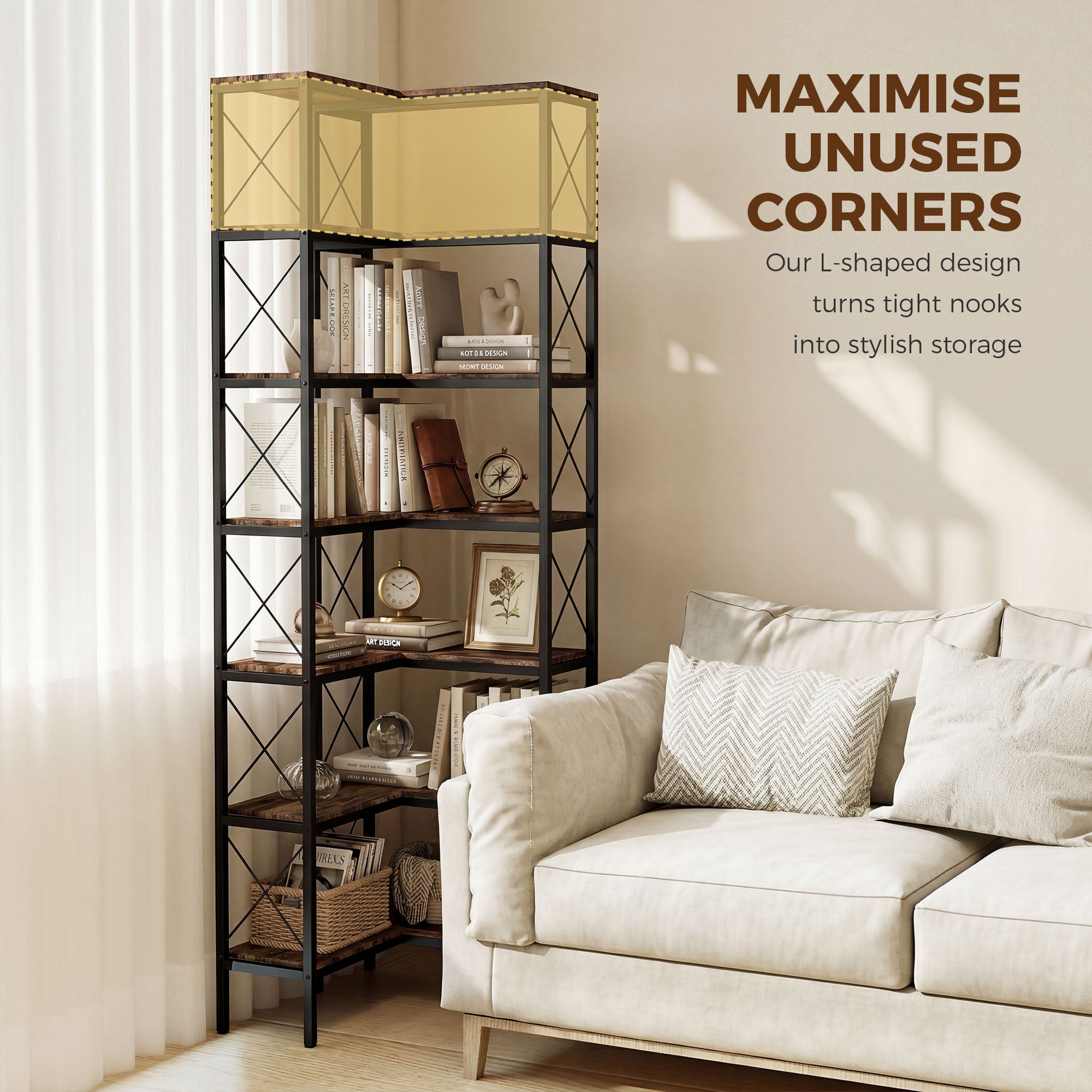 6-Tier L-Shaped Corner Bookshelf, Freestanding Metal Frame for Living Room, Office, Bedroom, 60 x 60 x 200 cm (23.6 x 23.6 x 78.7 in), Rustic Brown