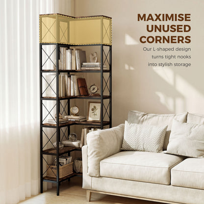 6-Tier L-Shaped Corner Bookshelf, Freestanding Metal Frame for Living Room, Office, Bedroom, 60 x 60 x 200 cm (23.6 x 23.6 x 78.7 in), Rustic Brown