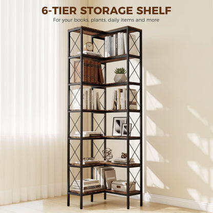 6-Tier L-Shaped Corner Bookshelf, Freestanding Metal Frame for Living Room, Office, Bedroom, 60 x 60 x 200 cm (23.6 x 23.6 x 78.7 in), Rustic Brown
