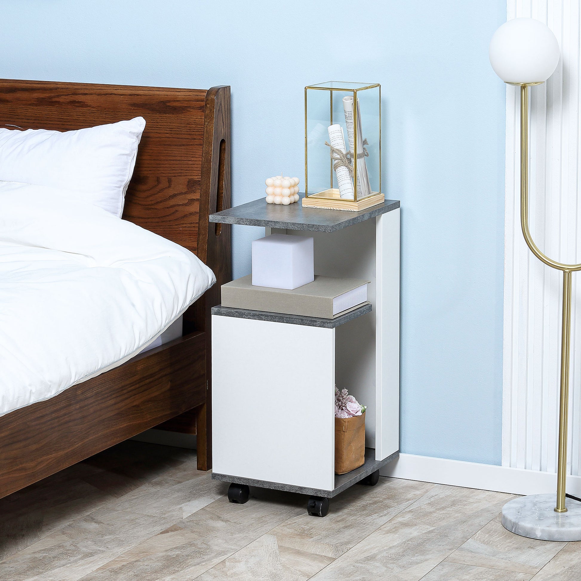 Nightstand Side Table with Wheels Coffee Table in Modern Design Coffee Table with 3 Shelves for Bedroom Living Room Gray White 35 x 29.5 x 65.5 cm