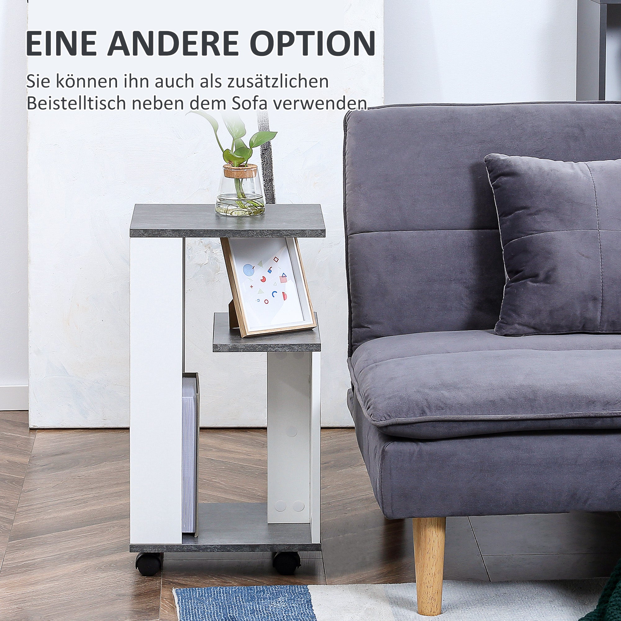 Nightstand Side Table with Wheels Coffee Table in Modern Design Coffee Table with 3 Shelves for Bedroom Living Room Gray White 35 x 29.5 x 65.5 cm