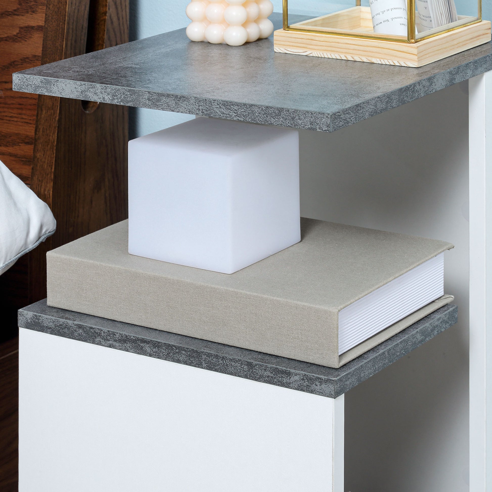 Nightstand Side Table with Wheels Coffee Table in Modern Design Coffee Table with 3 Shelves for Bedroom Living Room Gray White 35 x 29.5 x 65.5 cm