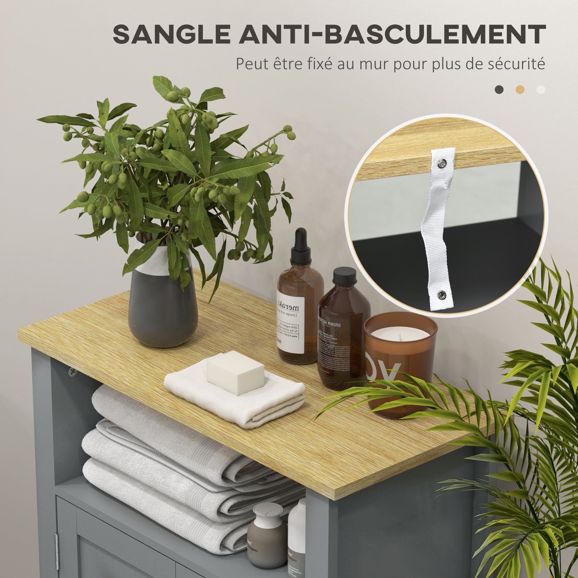 Low Bathroom Cabinet Multi-storage Large Niche Double Door Cabinet with Adjustable Height Shelf Gray and Natural